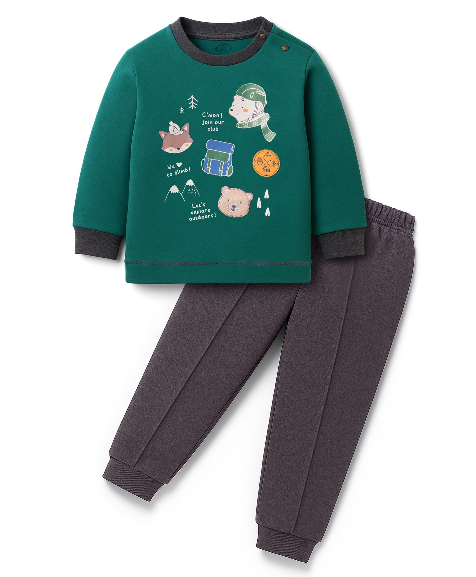 Zero Knitted Full Sleeves Animal Printed T-Shirt & Jogger Pant Set- Dark Green & Charcoal Grey-picture-19