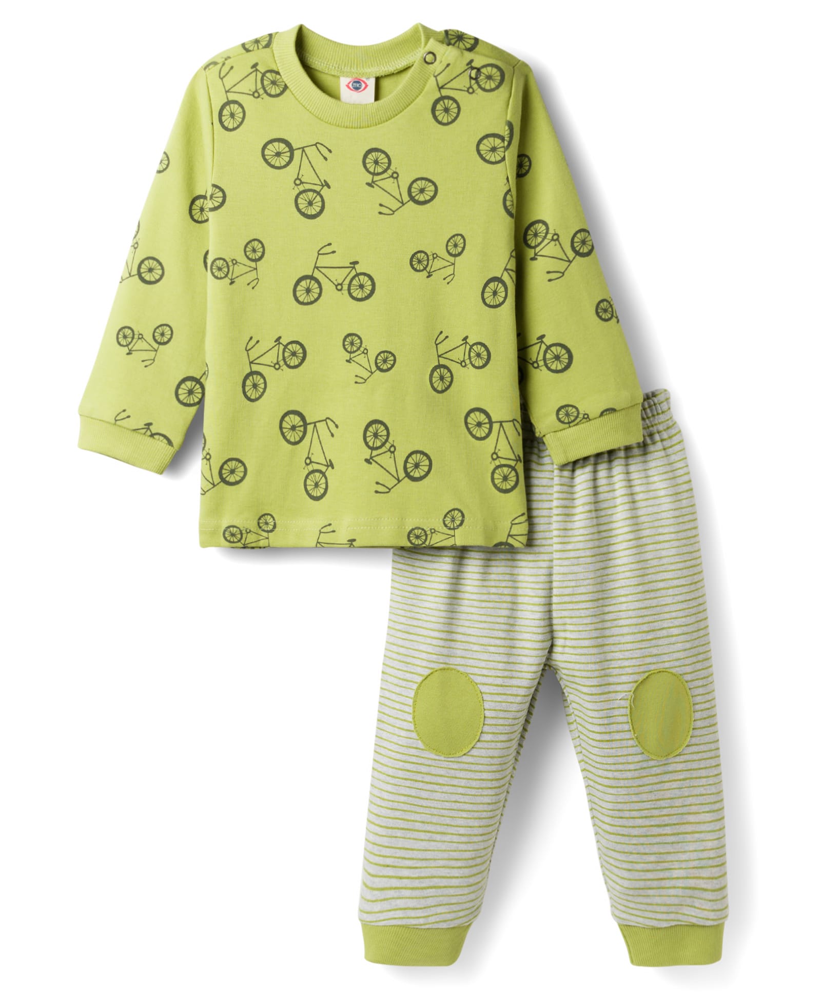 Zero Knitted Full Sleeves Bicycle Printed T-Shirt & Joggers Pant Set With Stripes & Patch - Lime Green-picture-28