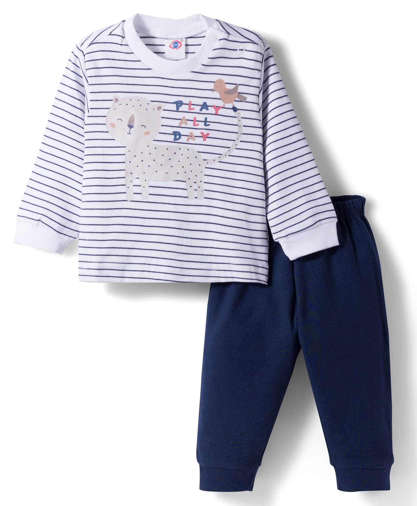 Zero Knitted Full Sleeves Striped & Animal Printed T-Shirt & Solid Colour Joggers Pant Set - Navy Blue
