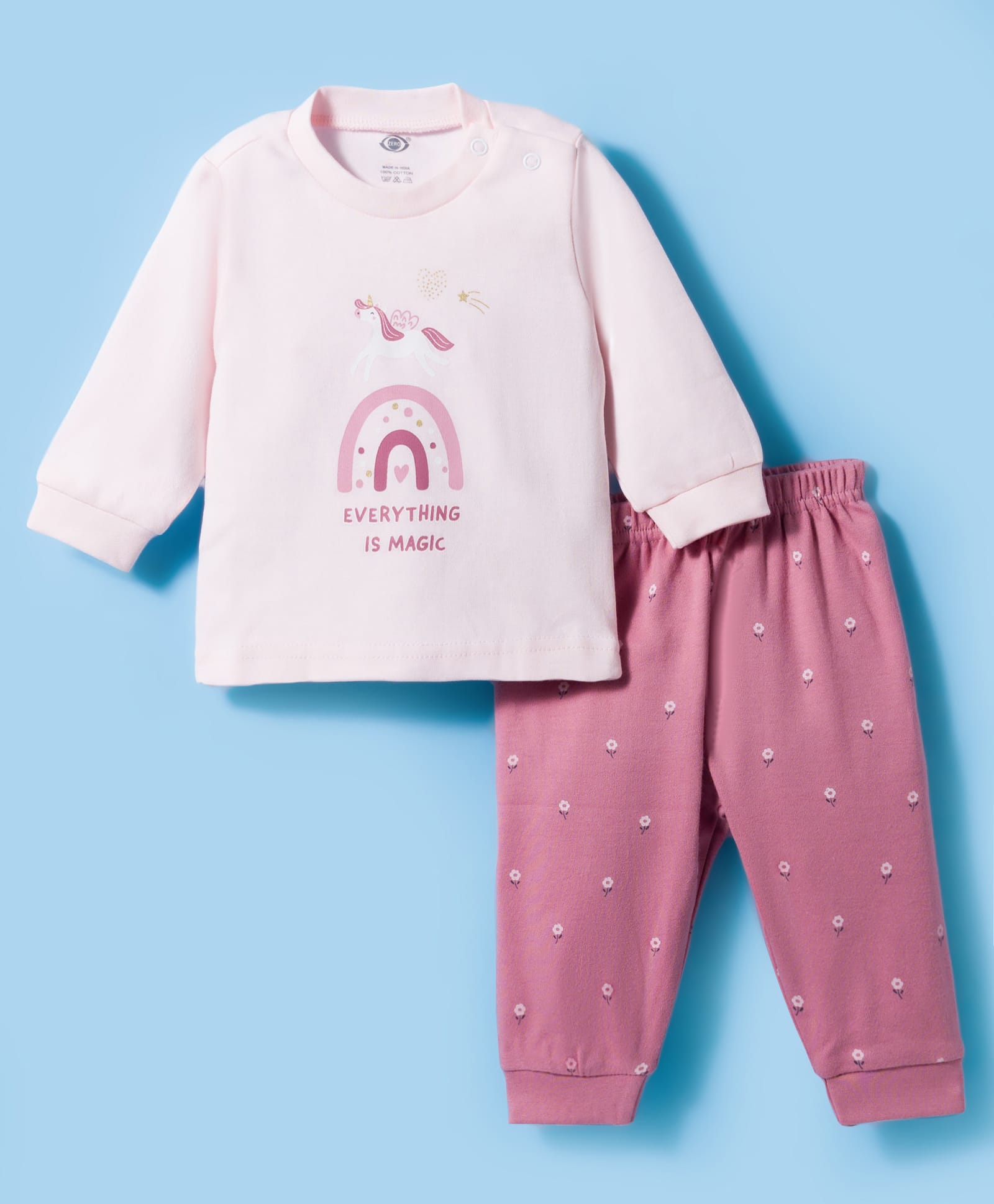 Zero Knitted Full Sleeves Unicorn & Floral Theme Printed T-Shirt & Joggers Pant Set- Light Peach-picture-10