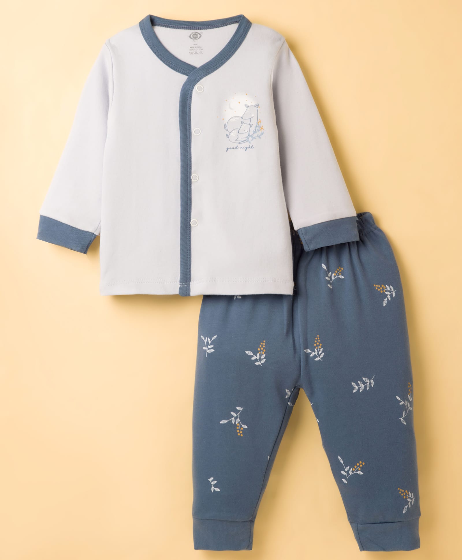 Zero Knit Full Sleeves Front Open Deer Printed T-Shirt & Pyjama Night Suit - Navy Blue & Silver-picture-22