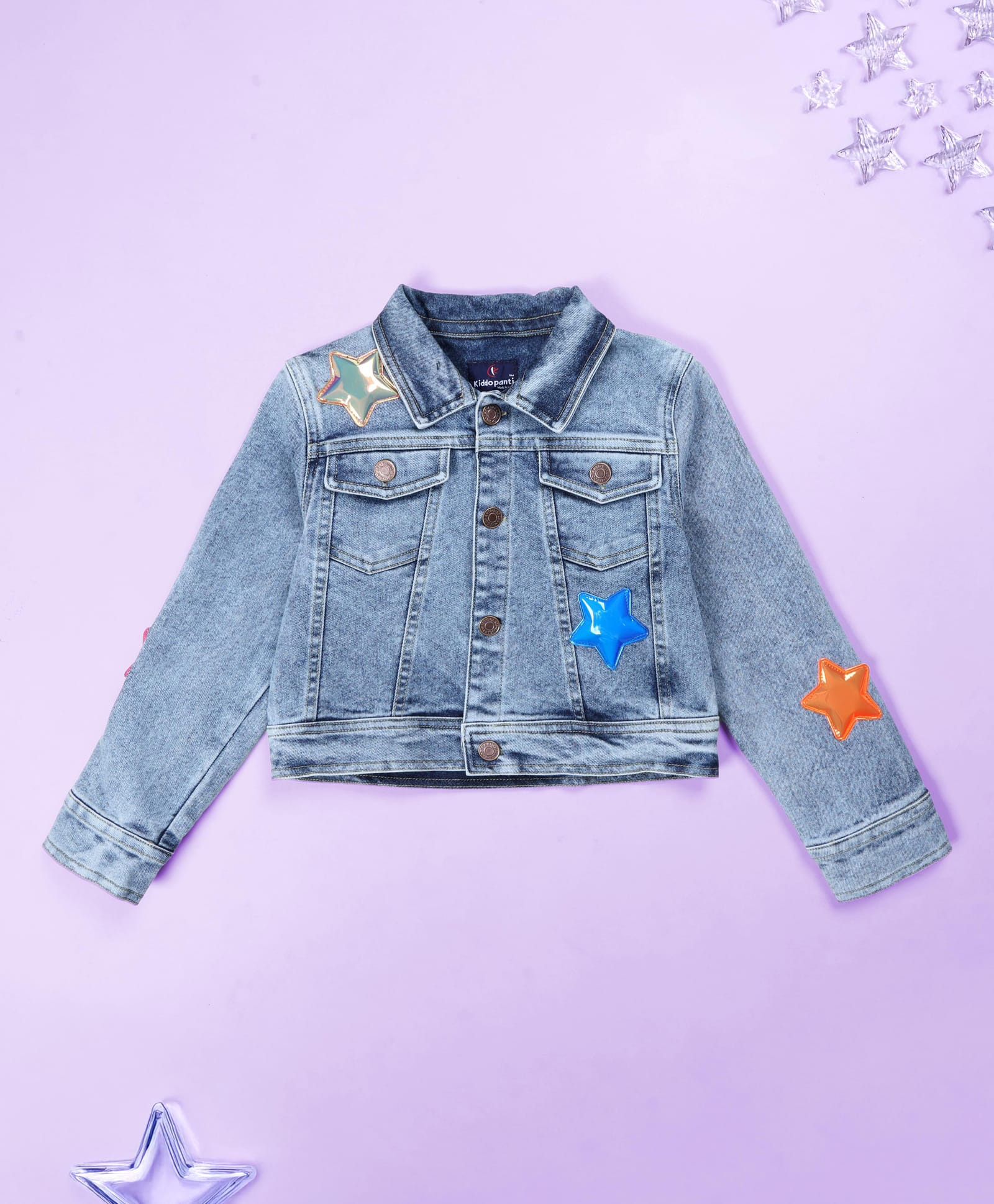 Kiddopanti Denim Woven Full Sleeves Stars Applique Detailed Washed Crop Jacket - Light Rag Wash Blue-picture-28