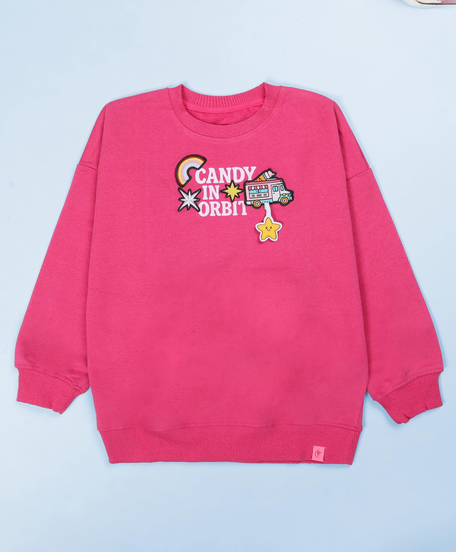 Kiddopanti Cotton Fleece Knit Full Sleeves Candy in Orbit Text Printed Rainbow Badge Detailed Light Winter Sweatshirt - Fuchsia-picture-37