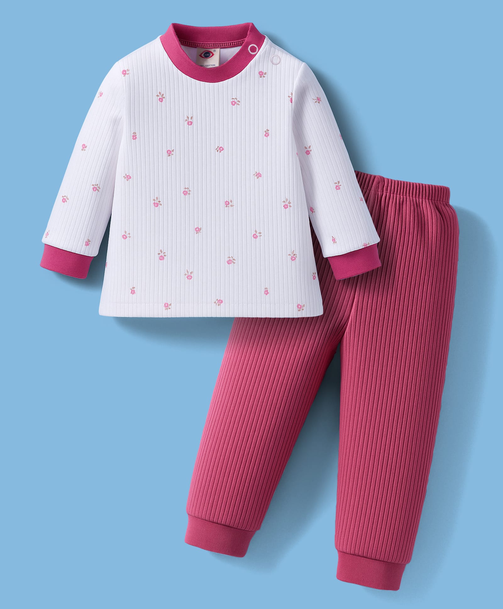 Zero Knitted Full Sleeves Floral Printed T-Shirt & Solid Colour Jogger Pant Set - Rose Gold & White-picture-2