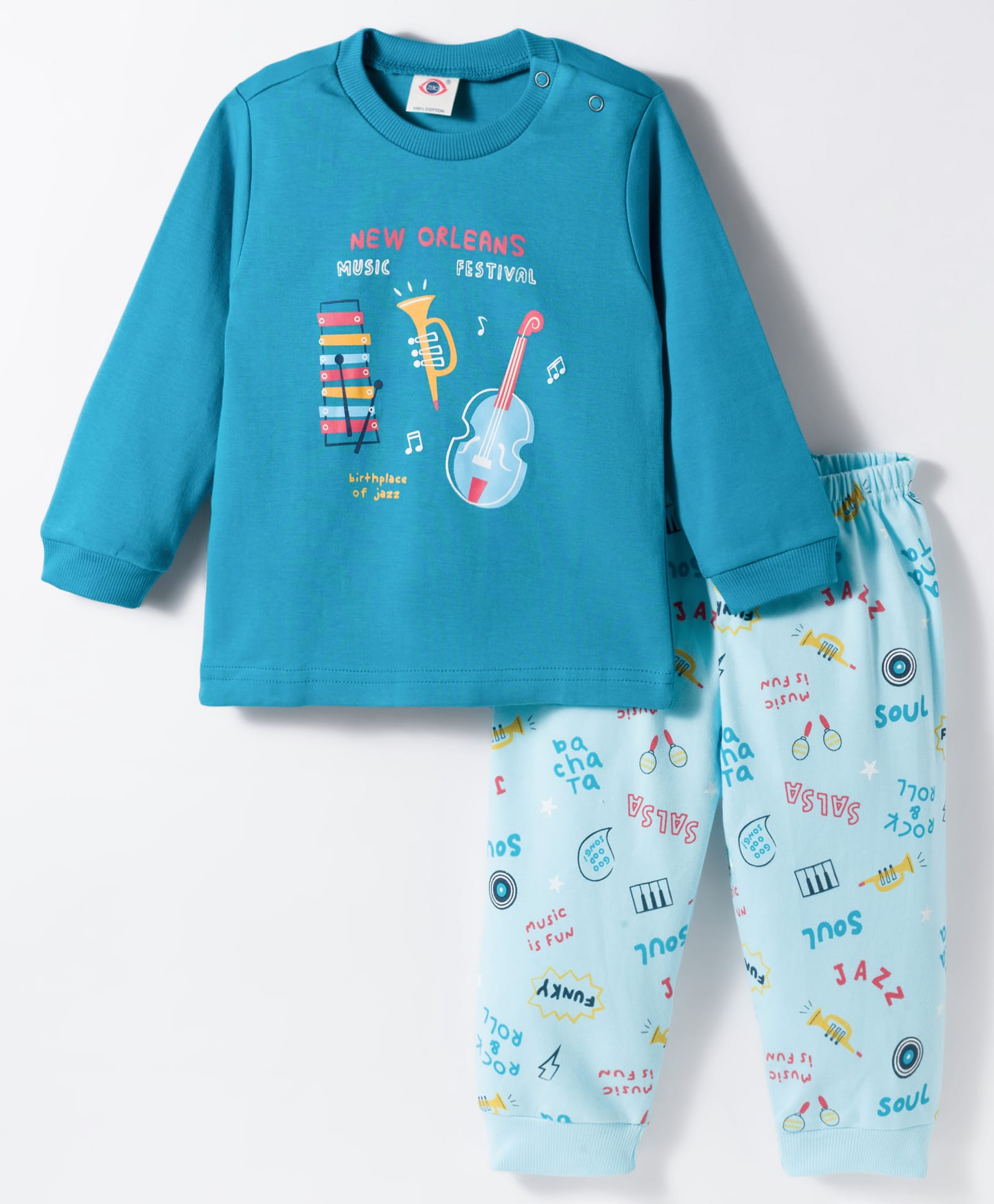 Zero Knitted Full Sleeves Musical Instruments Printed T-Shirt & Joggers Pant Set - Turquoise & Aqua Blue-picture-13