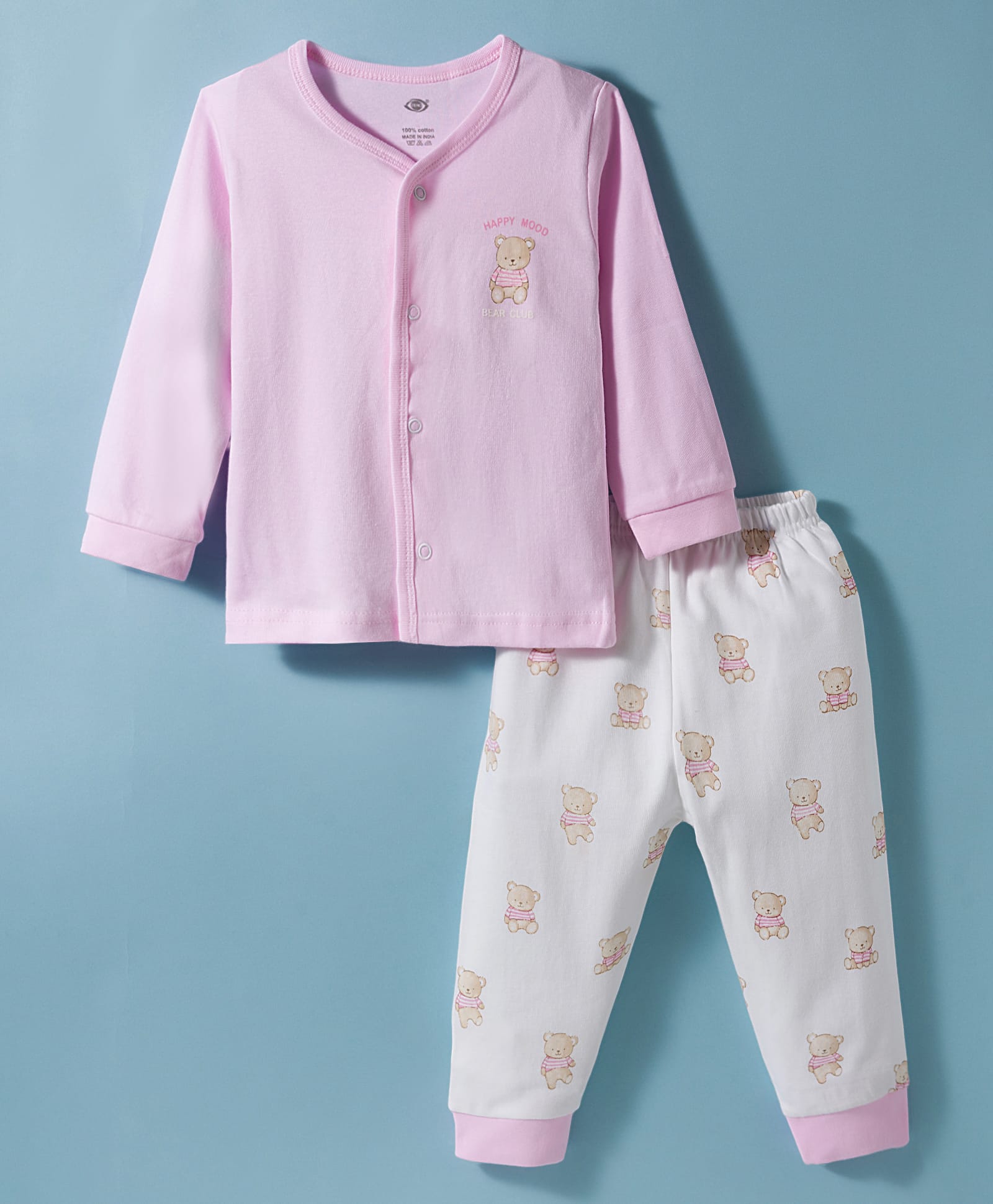 Zero Knitted Full Sleeves Teddy Bear Printed Front Open T-Shirt & Jogger Pant Set - Pink & White-image-29