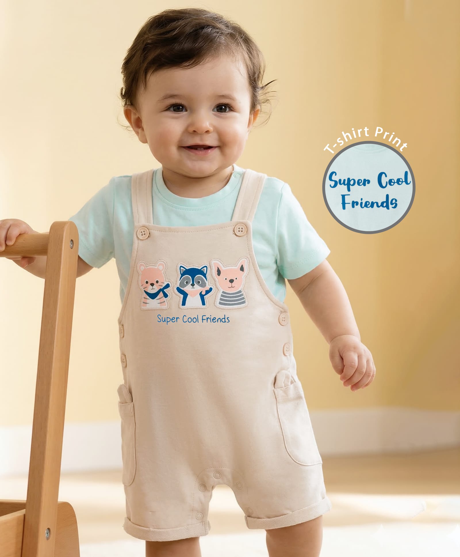 Babyoye 100% Cotton Knit Half Sleeves T-Shirt & Dungaree Style Romper with Animal Patch - Light Blue & Beige-image-31