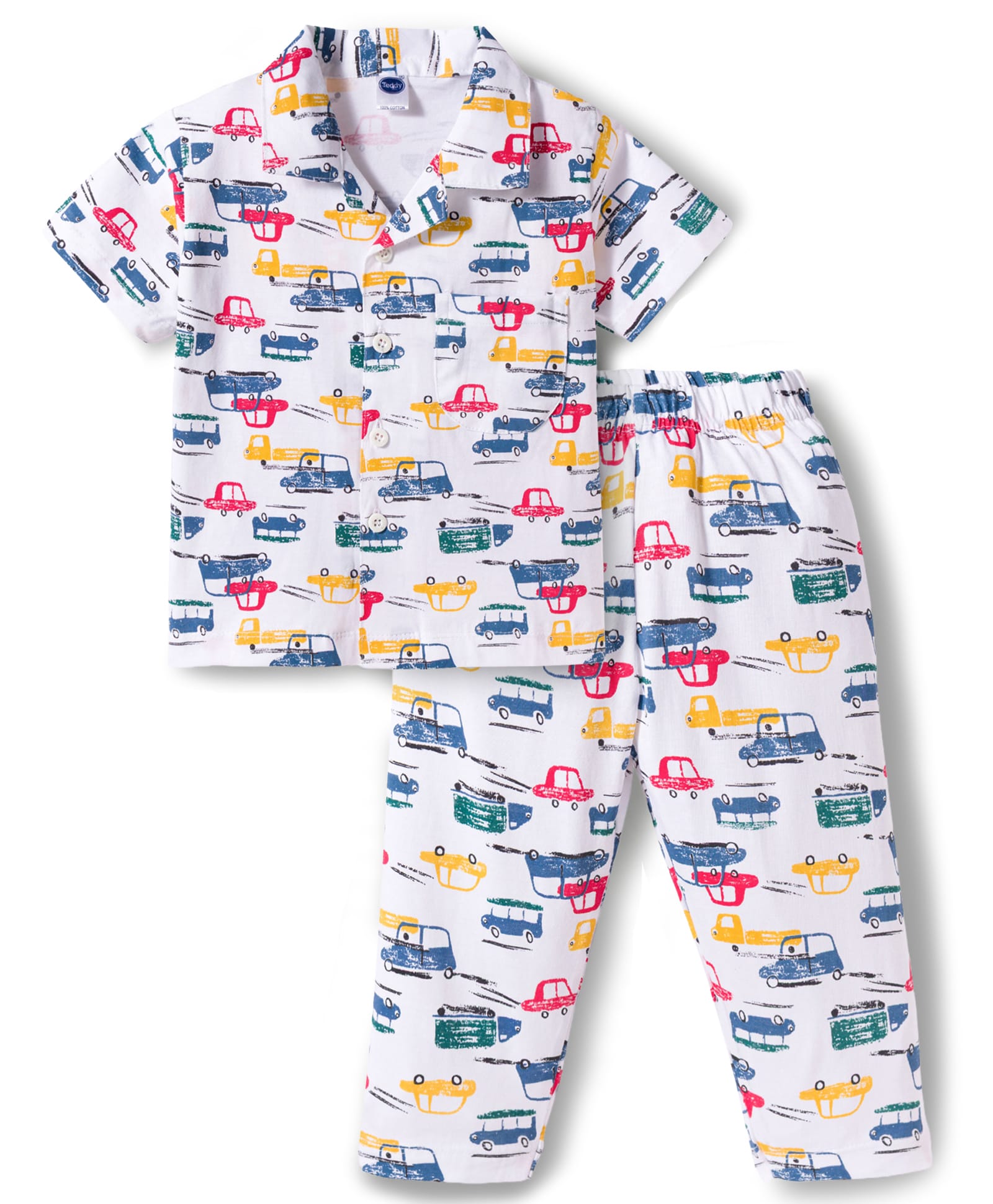 Teddy Sinker Knit Half Sleeves Shirt & Pyjama Co-ord Night Suit With Car Print - White-picture-27