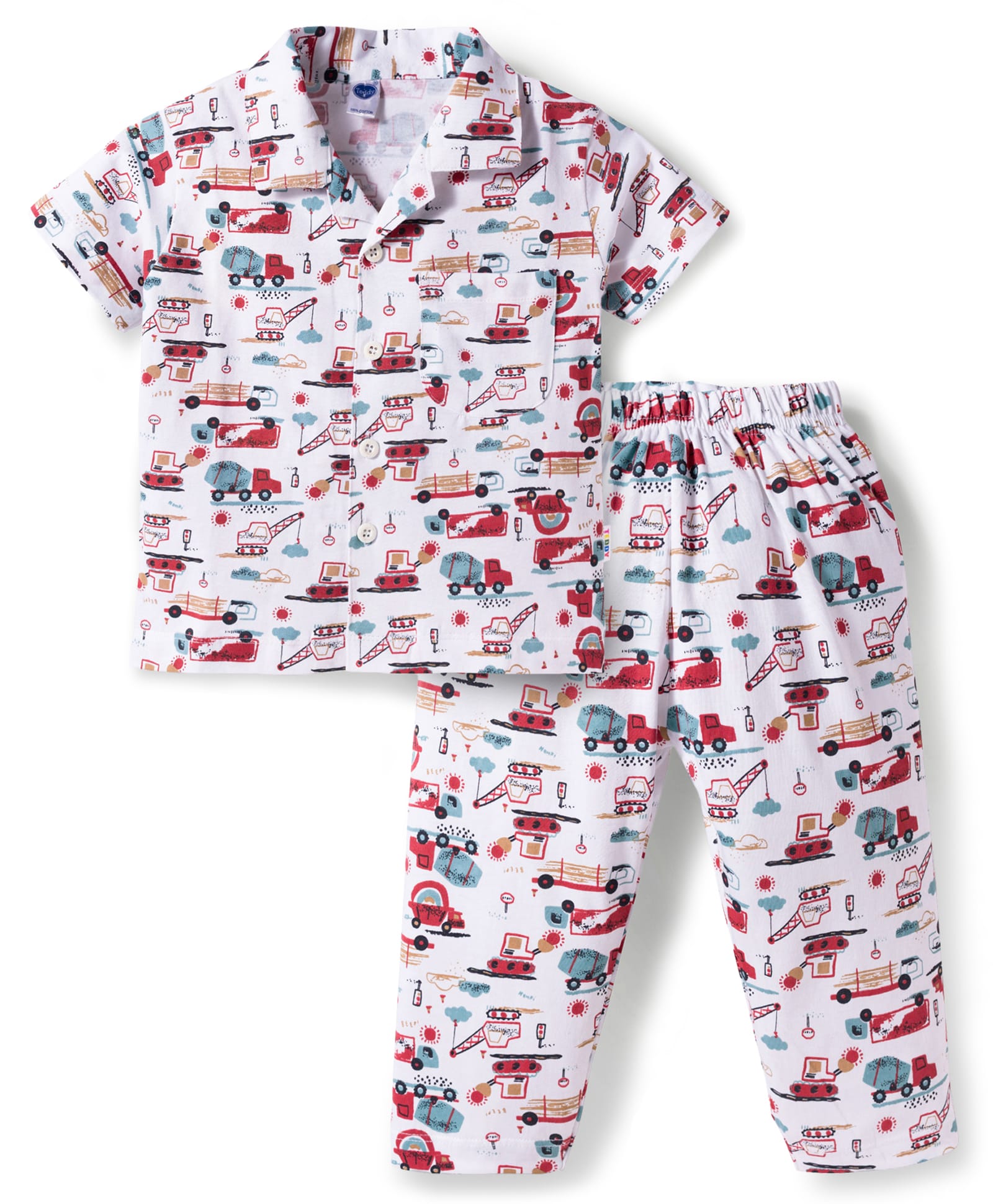 Teddy Sinker Knit Half Sleeves Shirt & Pyjama Co-ord Night Suit With Construction Vehicle Print - White-picture-40