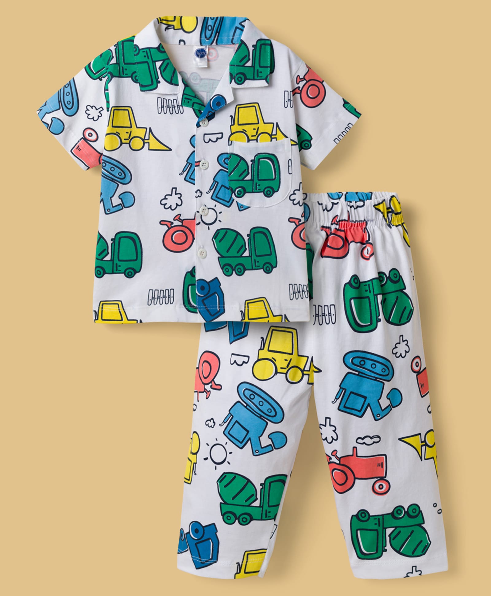 Teddy Sinker Knit Half Sleeves Shirt & Pajama Co-ords Night Suit With Vehicle Print - White-image-48