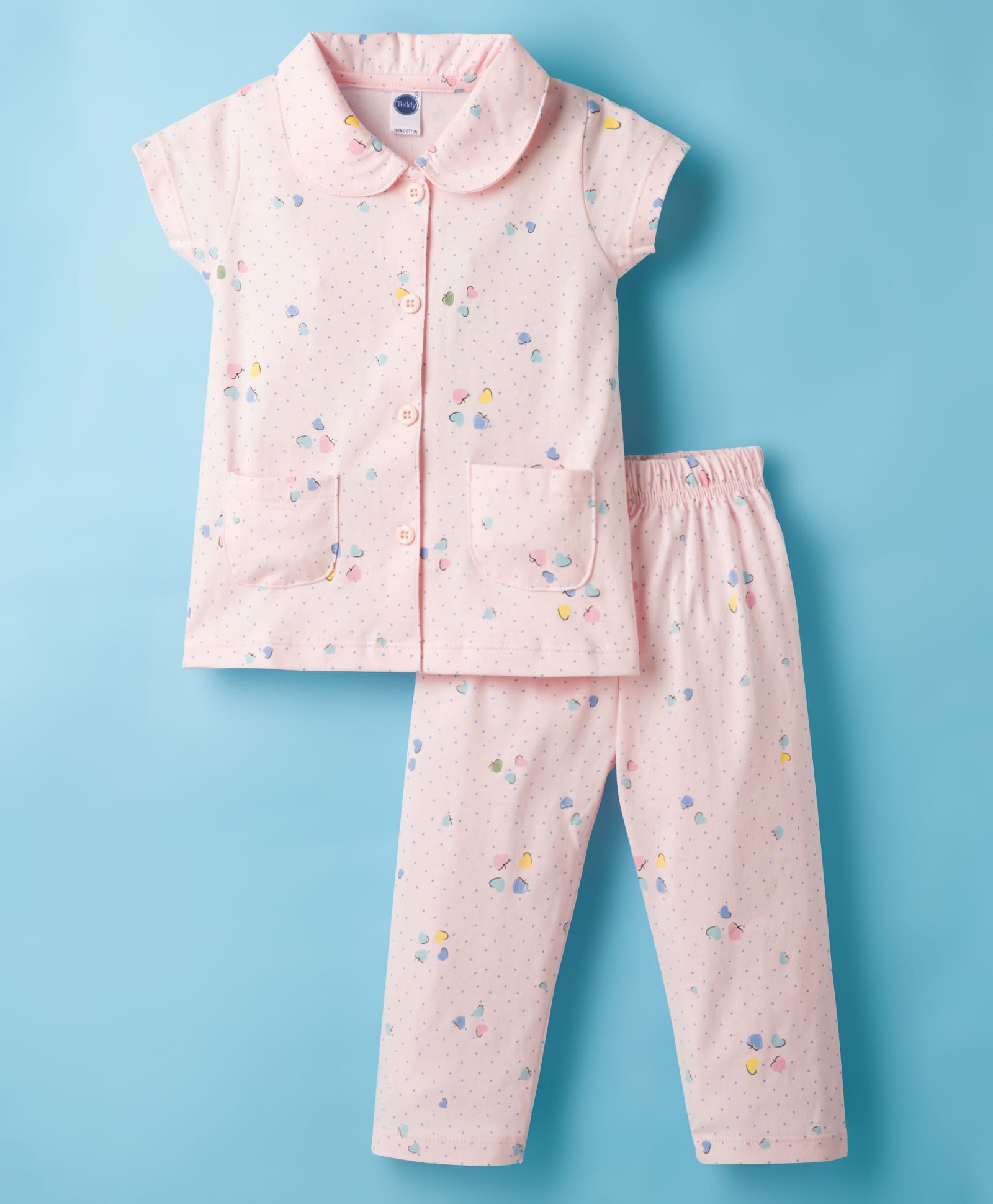 Teddy Sinker Knit Half Sleeves Top & Pyjama Co-ord Night Suit With Fruit Print - Light Pink-image-25