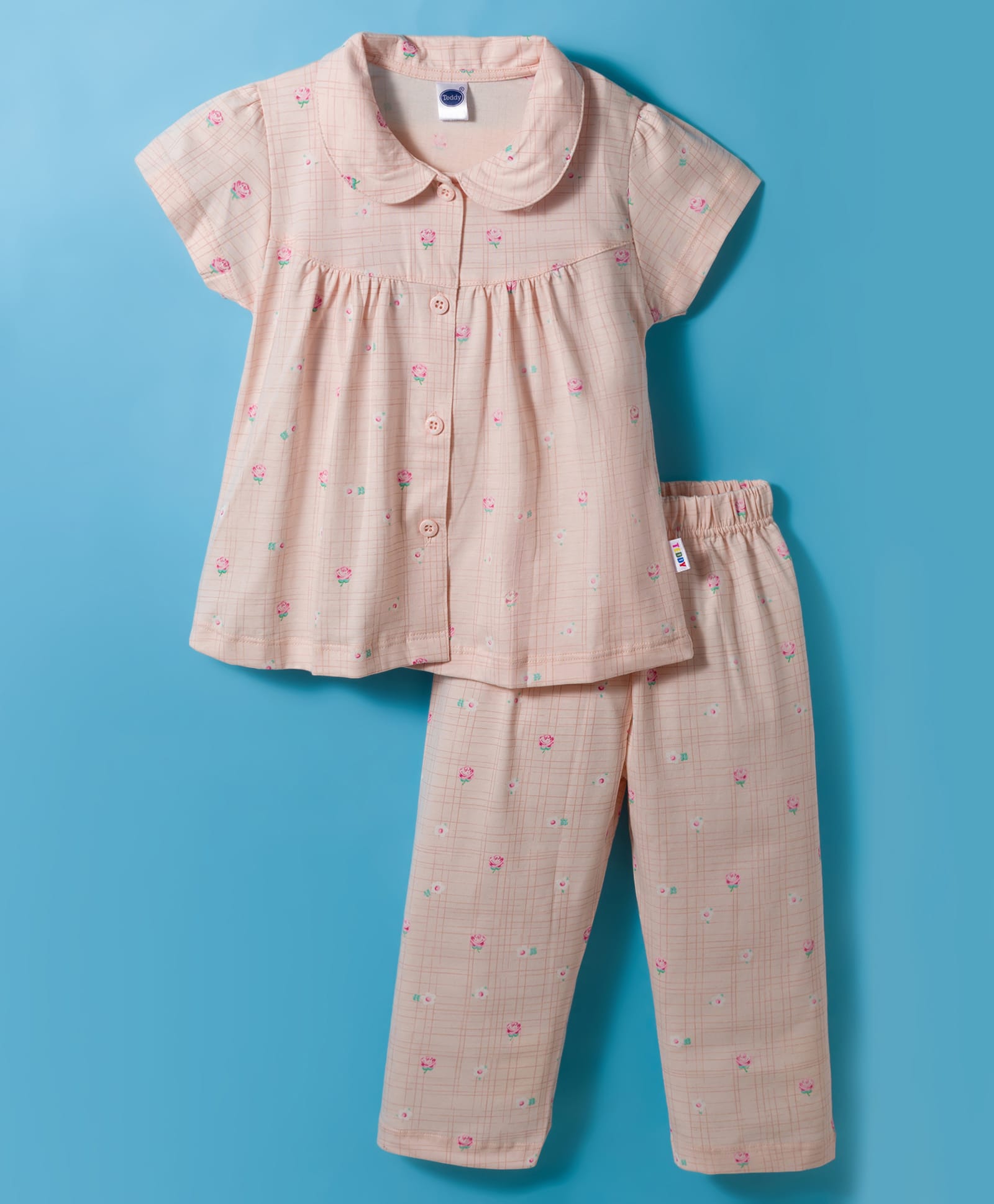 Teddy Sinker Knit Half Sleeves Top & Pajama Co-ords Night Suit With Floral Print - Peach-picture-42
