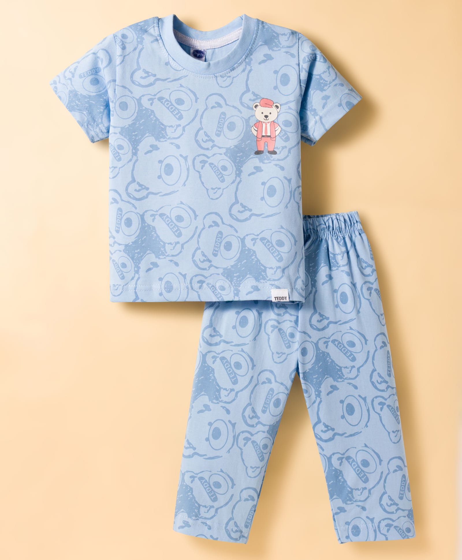 Teddy Sinker Knit Half Sleeves T-Shirt & Pajama Co-ords Night Suit With Bear Print - Blue-picture-18
