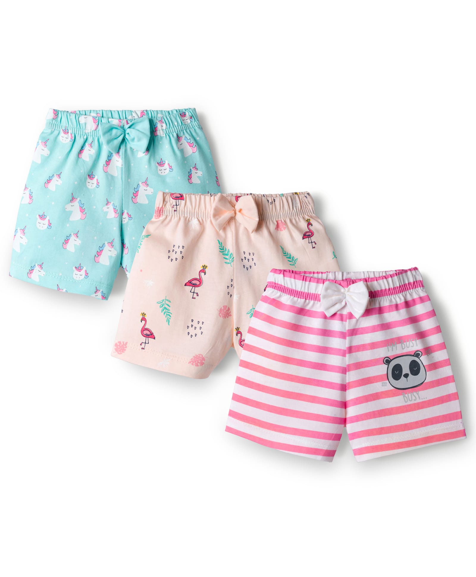 Teddy Sinker Knit Above Knee Length Shorts With Unicorn Print Pack Of 3 - Light Blue Peach & Light Blue-picture-46