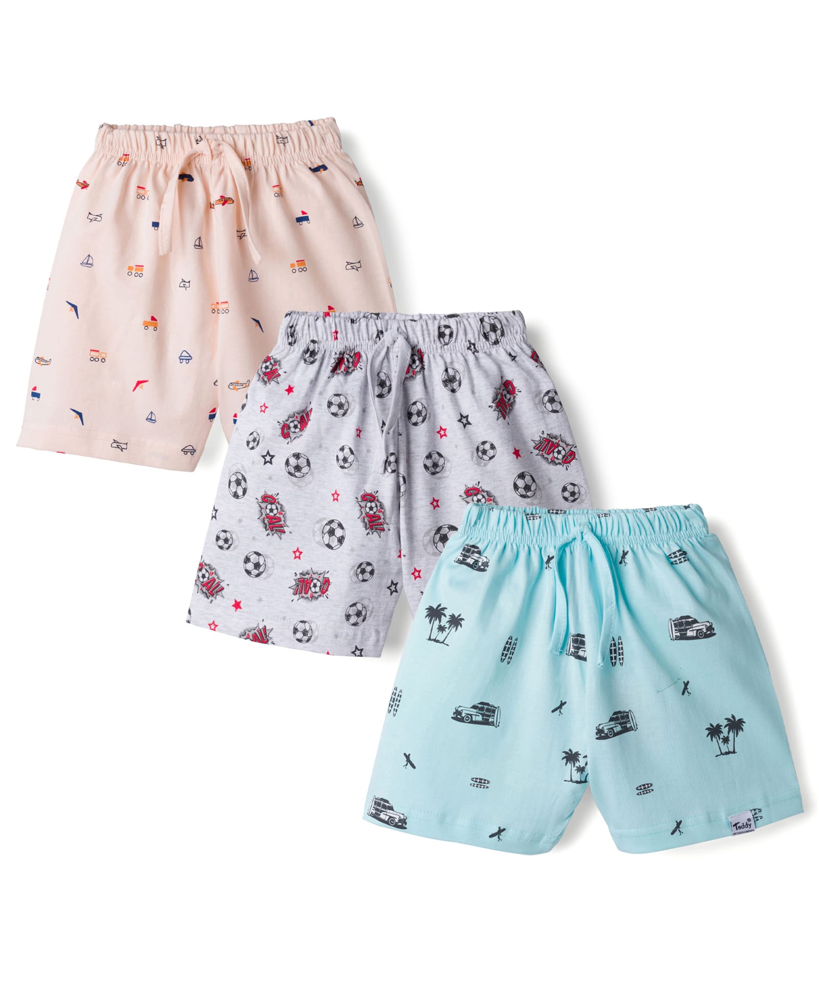 Teddy Sinker Knit Above Knee Length Shorts With Vehicle Print Pack Of 3 - Light Blue Peach & Grey-picture-49