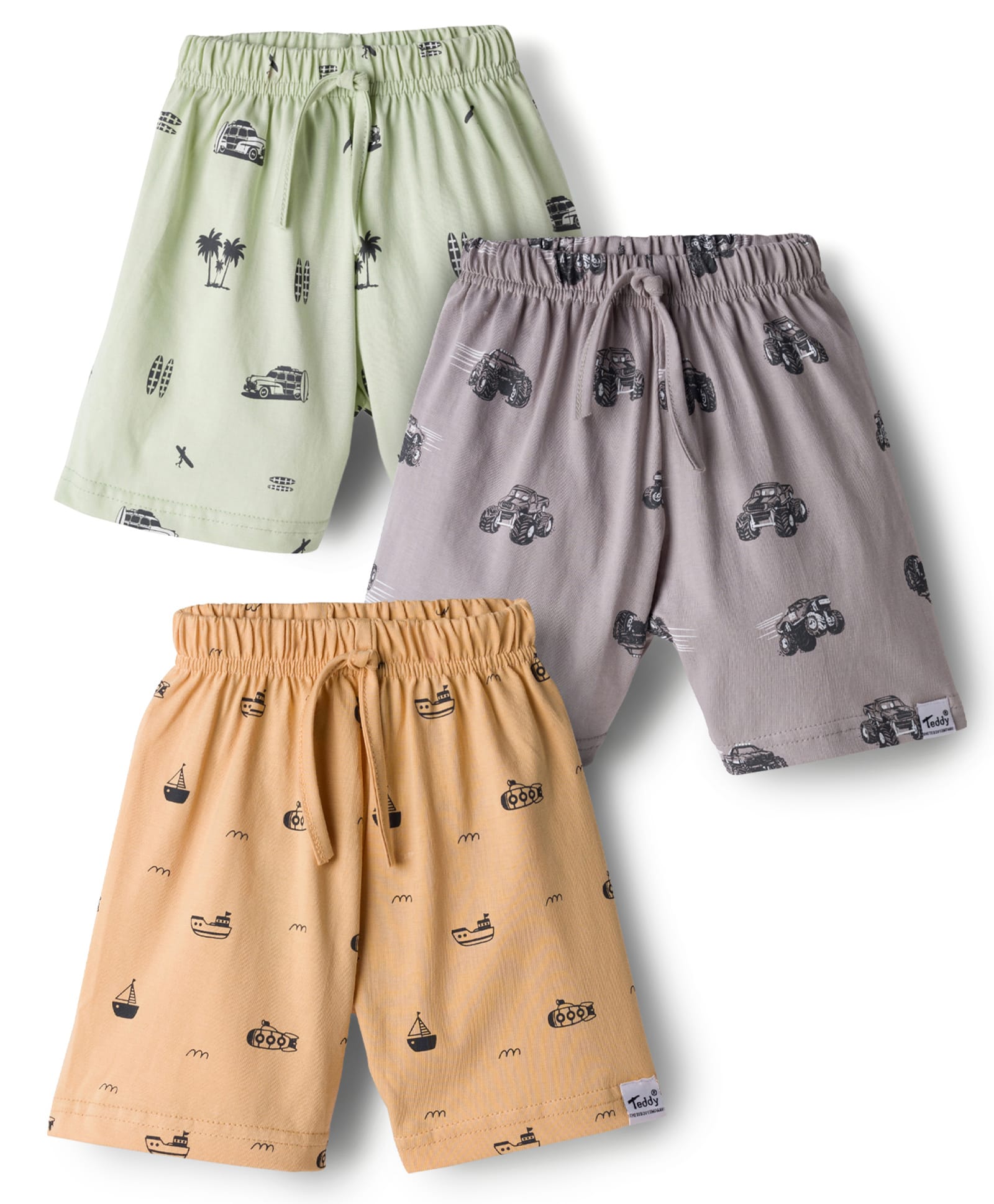 Teddy Sinker Knit Above Knee Length Shorts With Vehicle Print Pack Of 3 - Light Green Lilac & Light Orange-image-34