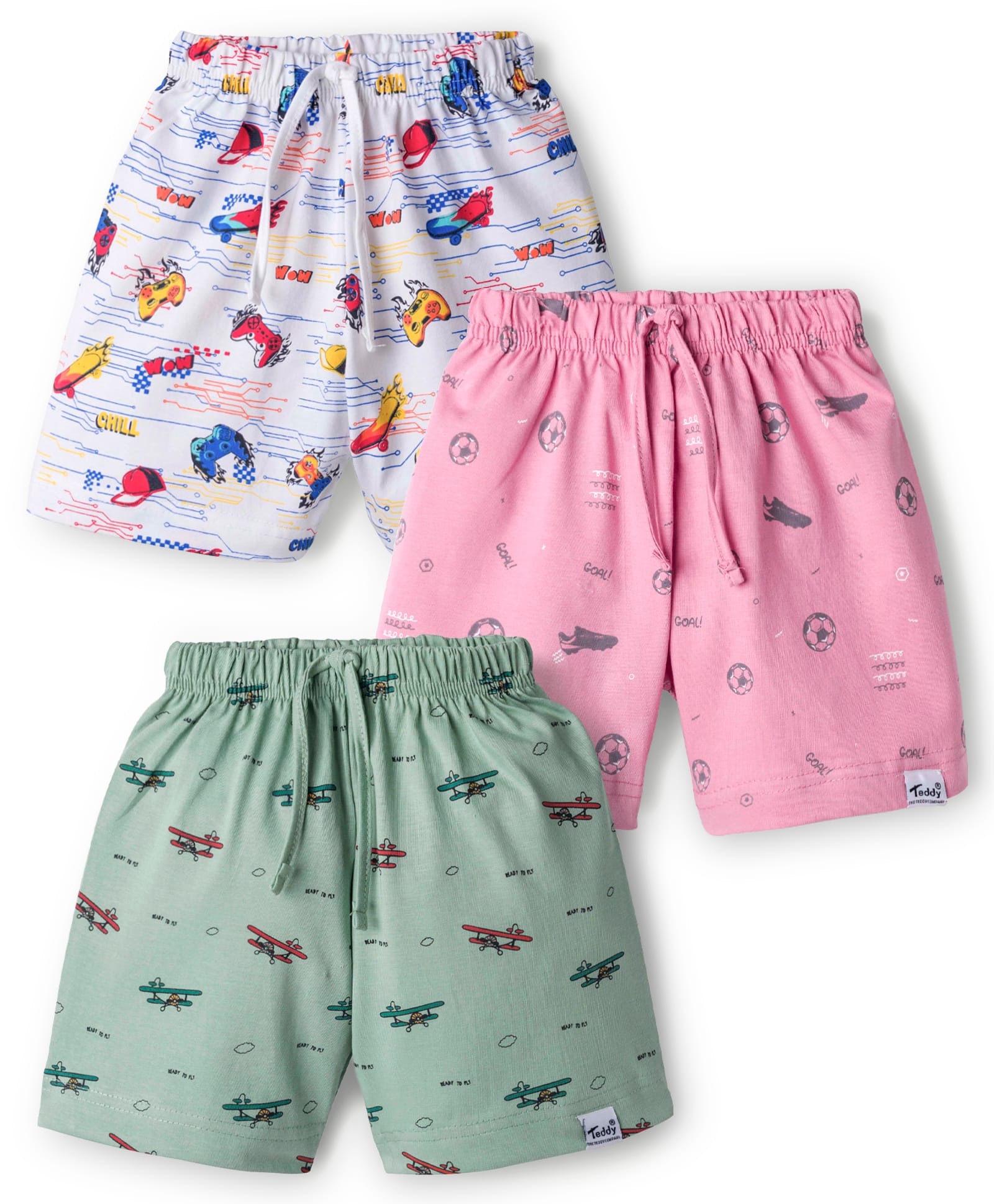 Teddy Sinker Knit Above Knee Length Shorts With Aeroplane Print Pack Of 3 - Pink White & Olive Green-picture-36
