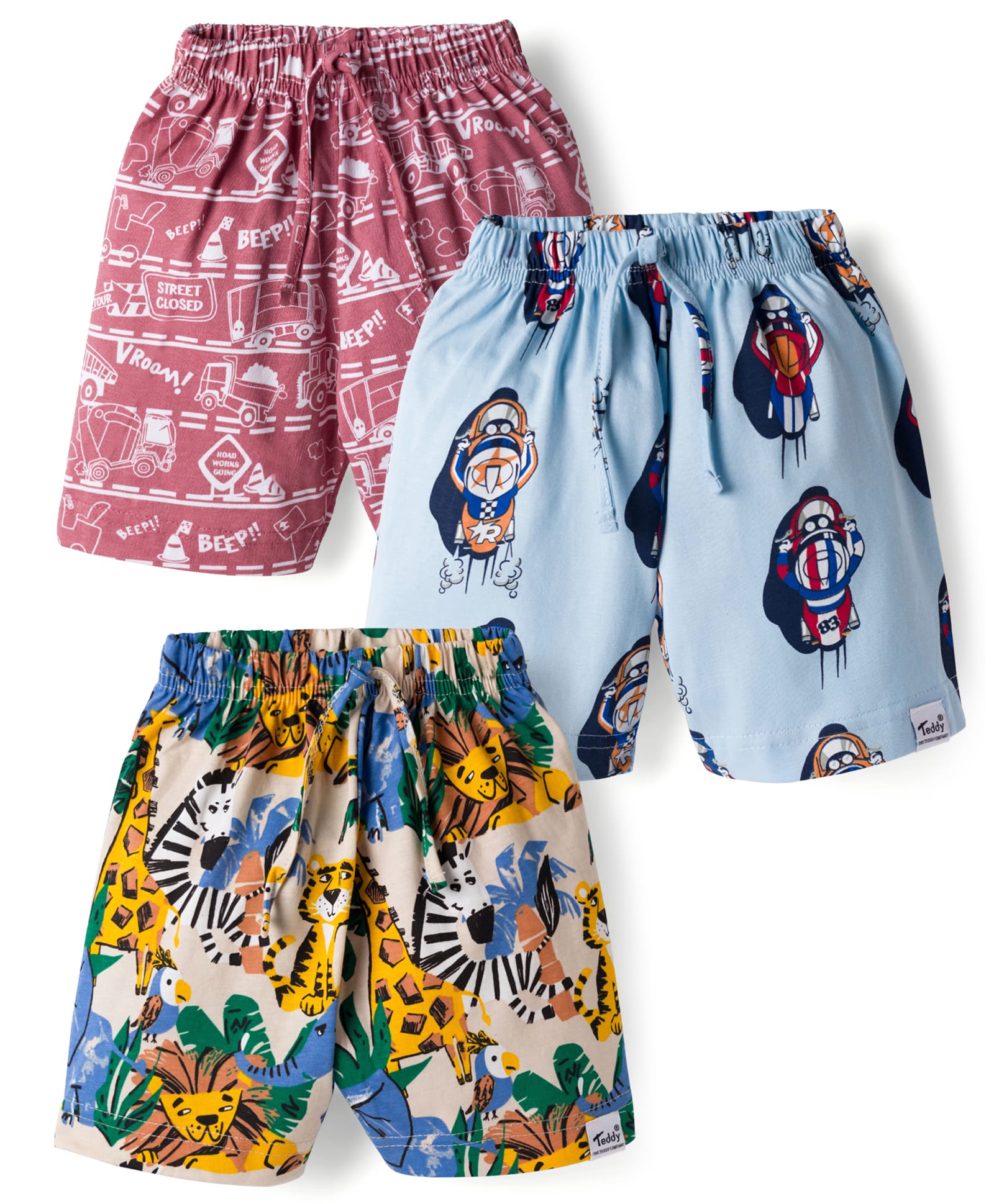 Teddy Sinker Knit Above Knee Length Shorts With Tiger Print Pack Of 3 - Rose Gold Light Blue & White-picture-43