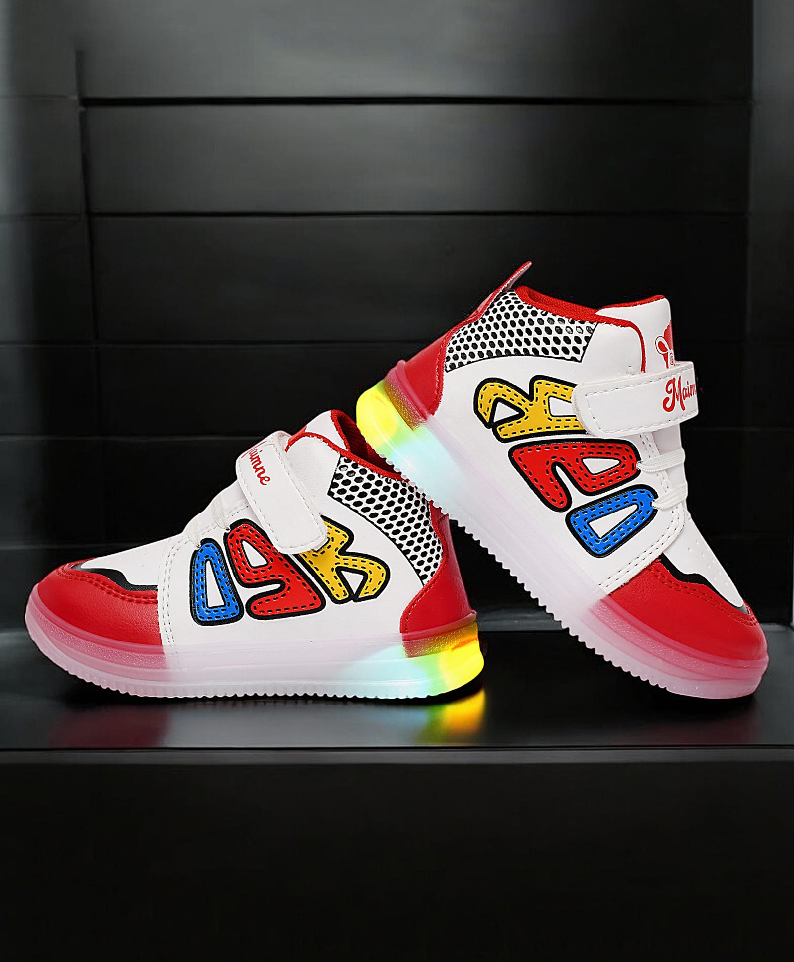 Maimne Alphabet Designed Velcro Closure Led Shoes - White & Red-image-16