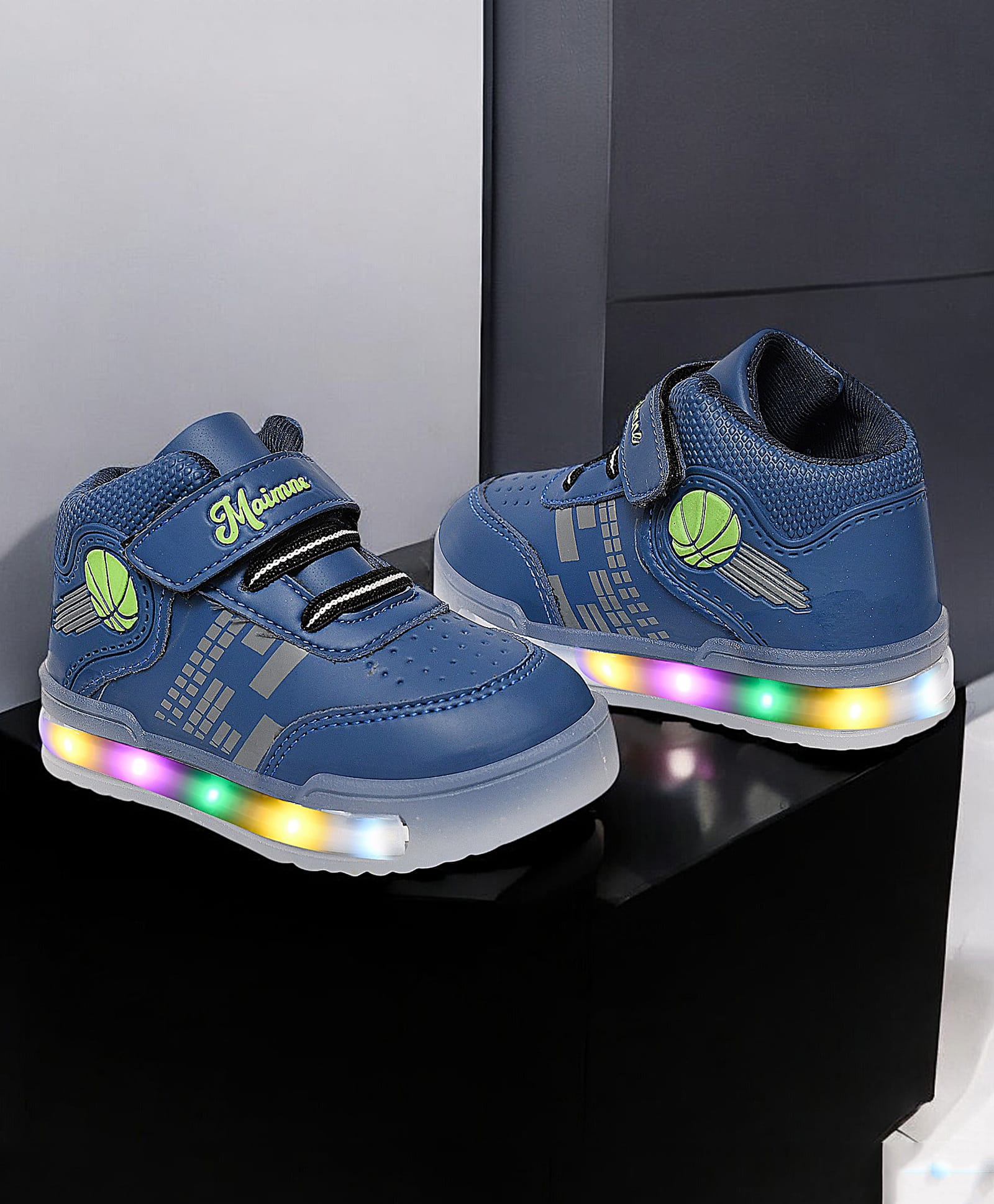 Maimne Basketball Designed Velcro Closure LED Shoes - Blue-picture-23