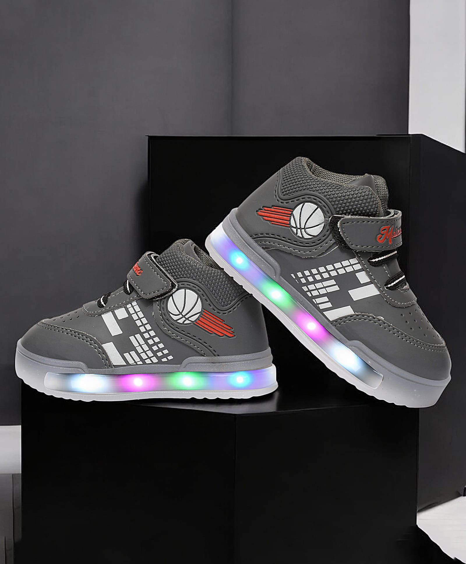 Maimne Basketball Designed Velcro Closure LED Shoes - Grey-image-5