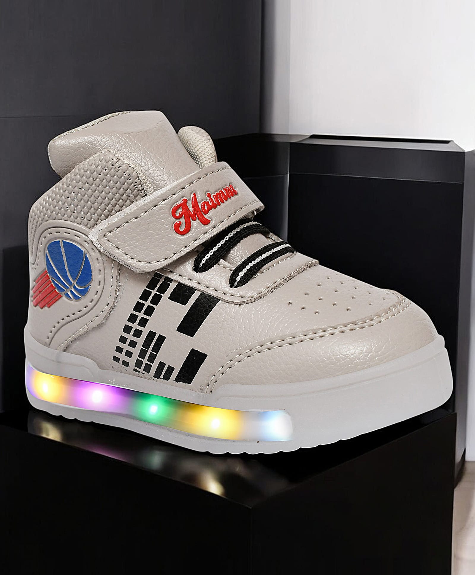 Maimne Basketball Designed Velcro Closure LED Shoes - Cream-image-21