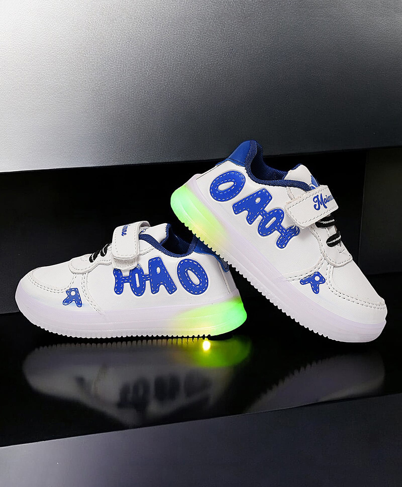 Maimne Text Detailed Velcro Closure Led Shoes - White & Blue-image-19
