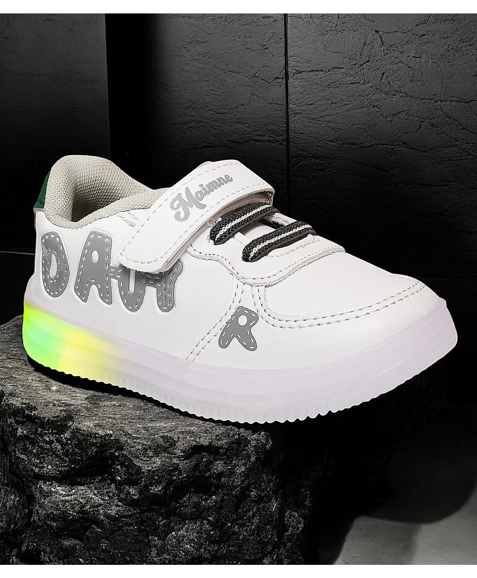 Maimne Typography Designed Velcro Closure LED Shoes - White-image-35