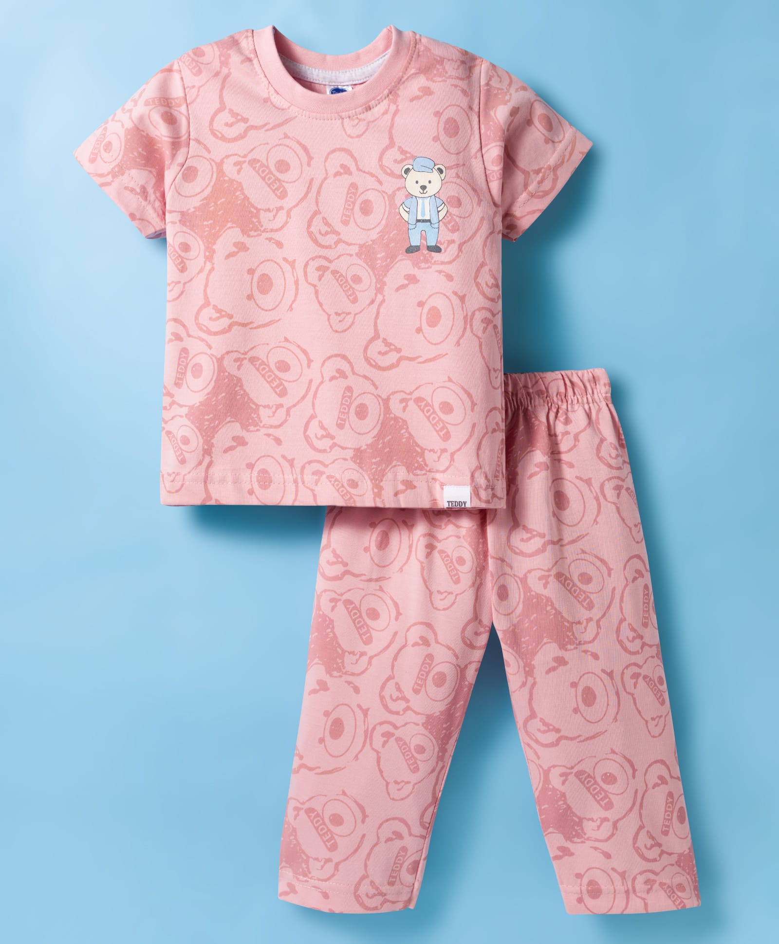Teddy Sinker Knit Half Sleeves T-Shirt & Pajama Co-ords Night Suit With Bear Print - Light Red-picture-7