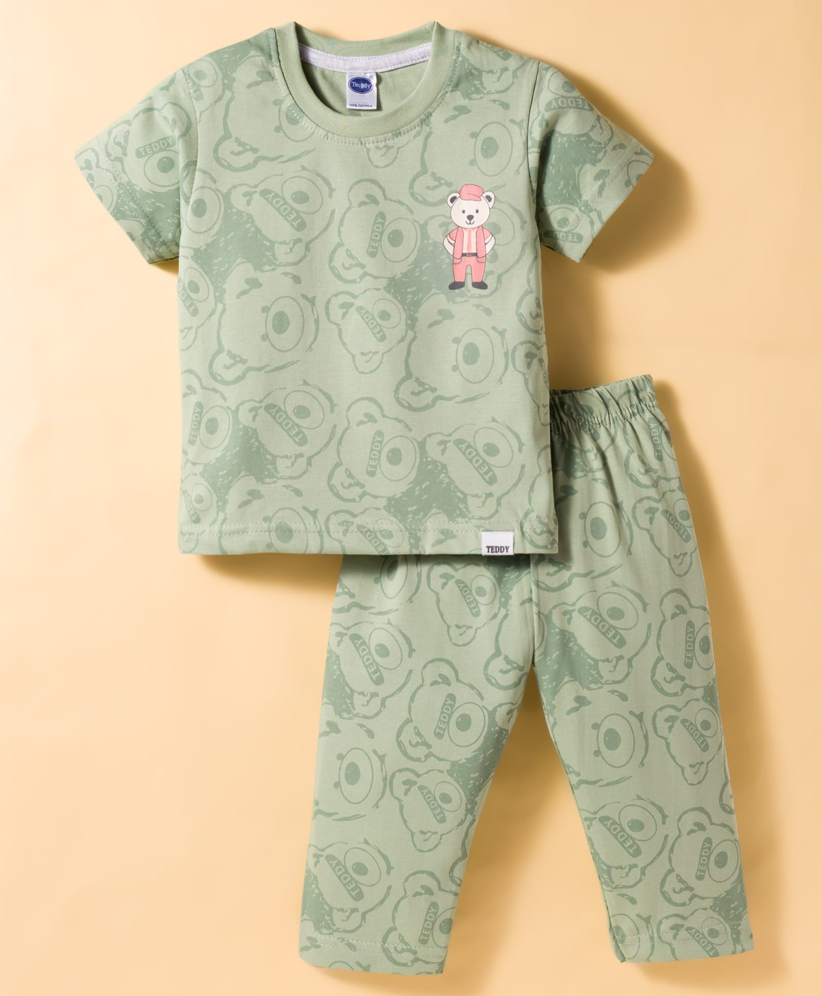 Teddy Sinker Knit Half Sleeves T-Shirt & Pajama Co-ords Night Suit With Bear Print - Sea Green-picture-0