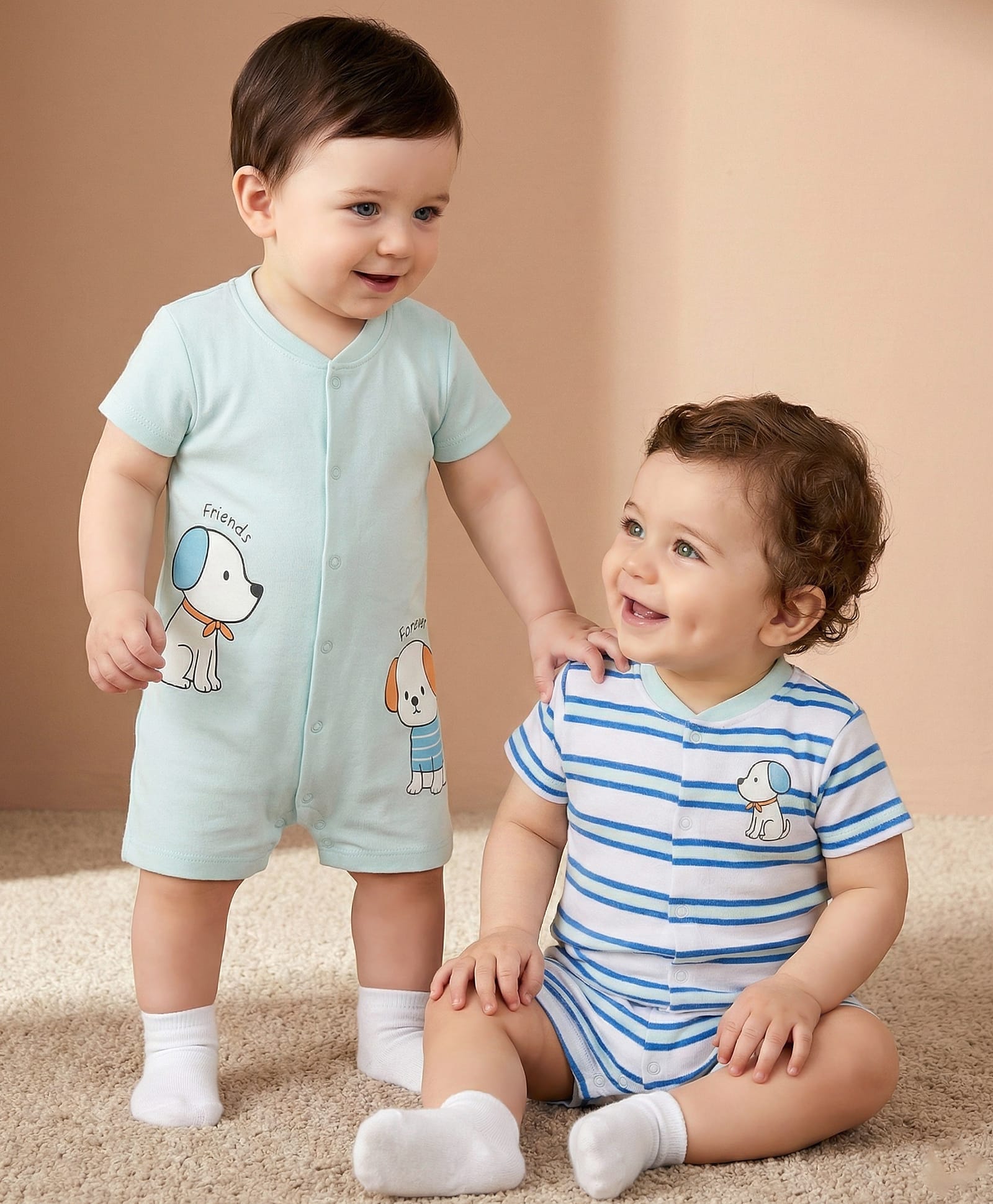 Babyoye 100% Cotton Knit Half Sleeves Front Open Striped & Puppy Printed Rompers Pack of 2 - Light Blue