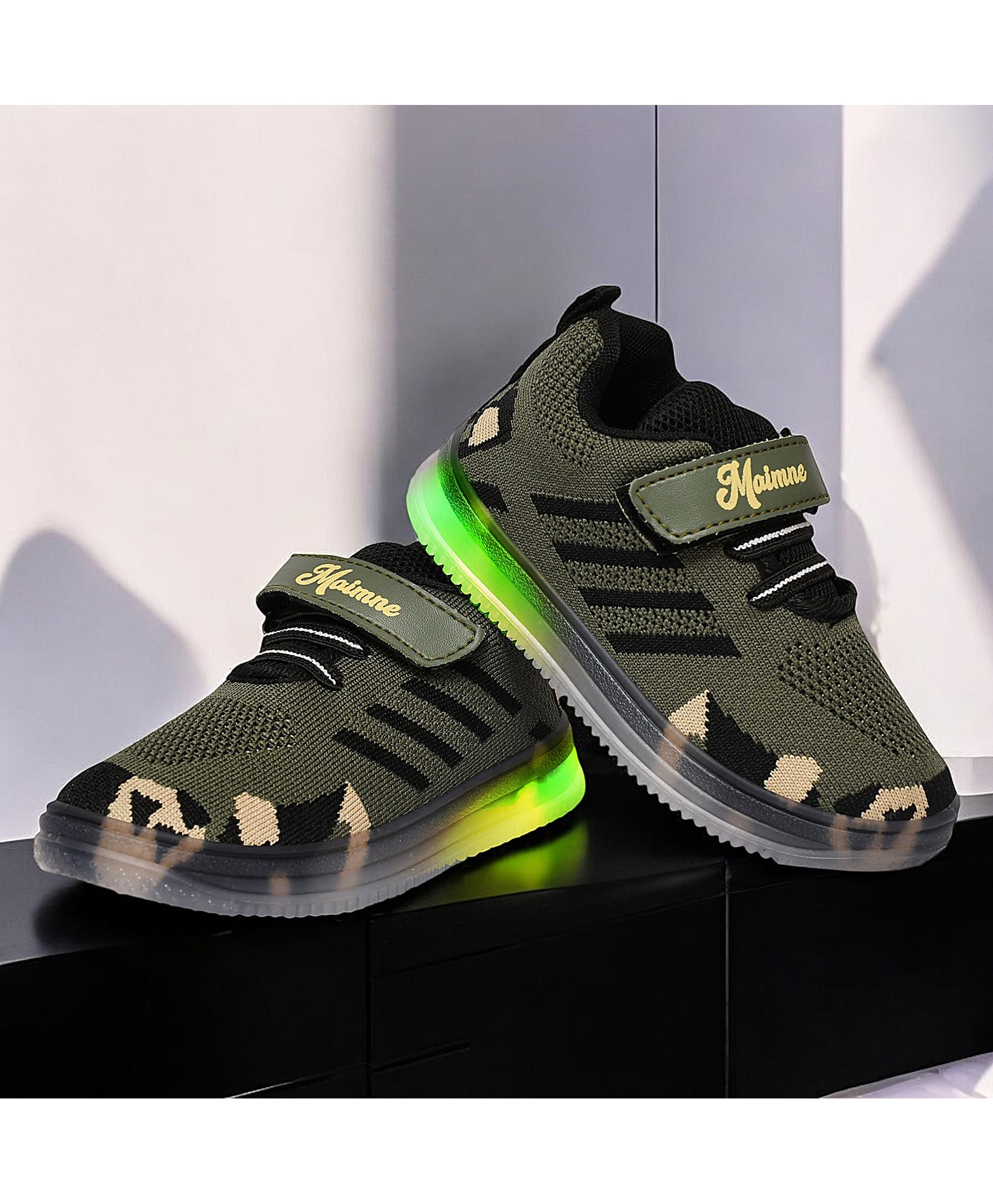 Maimne Textured Mesh Detailed Velcro Closure LED Shoes - Green-picture-22