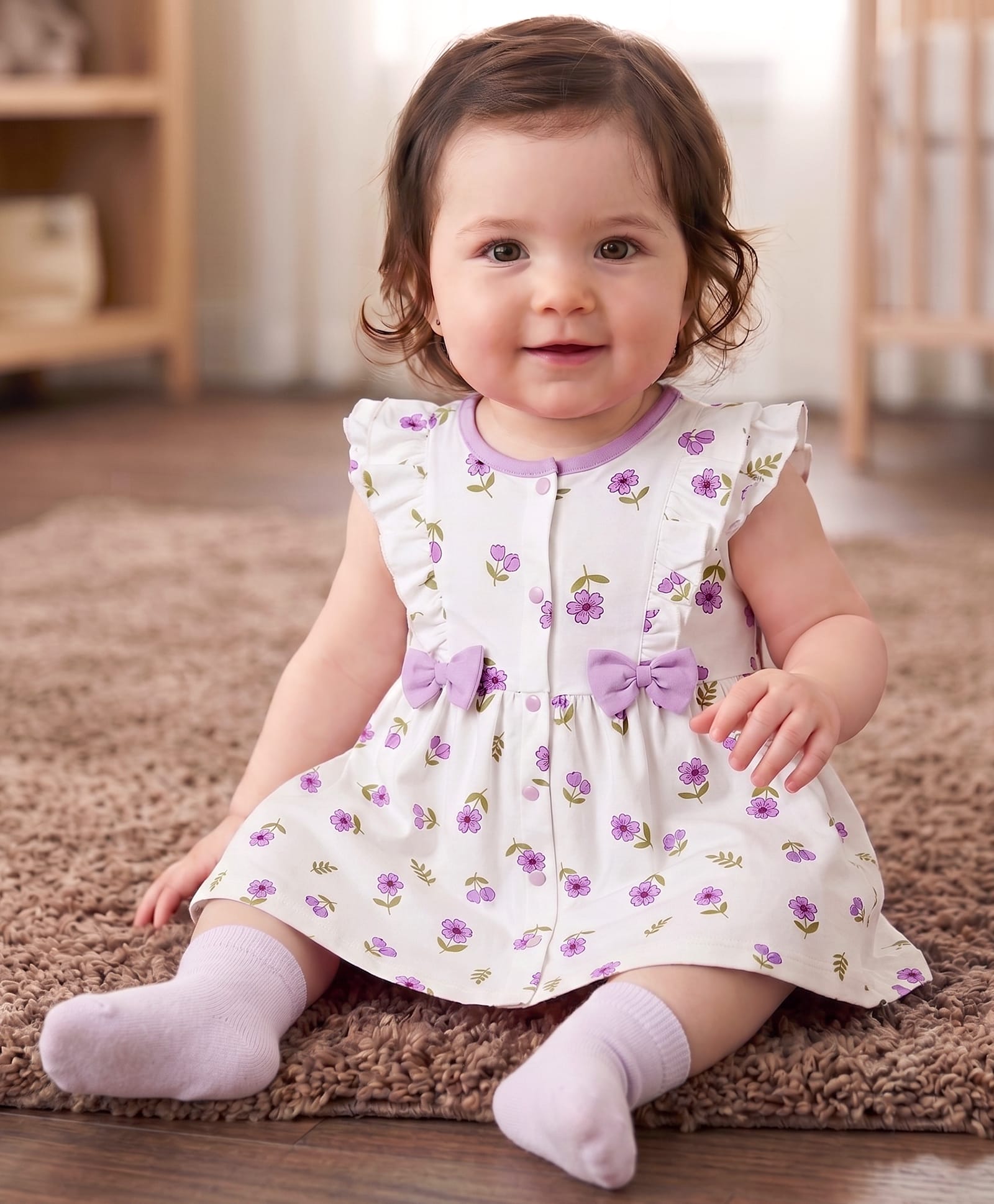 Babyoye Eco Conscious 100% Cotton With Eco Jiva Finish Half Sleeves Floral Printed Frock With Bloomer & Bow Applique - White-picture-23