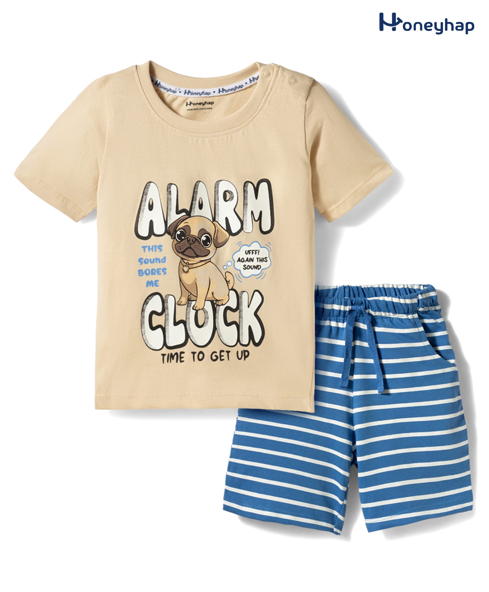 Honeyhap Premium 100% Cotton Knit With Bio Finish Half Sleeves T-Shirt & Shorts Night Suit With Dog Print - Macadamia & Riveara-picture-40