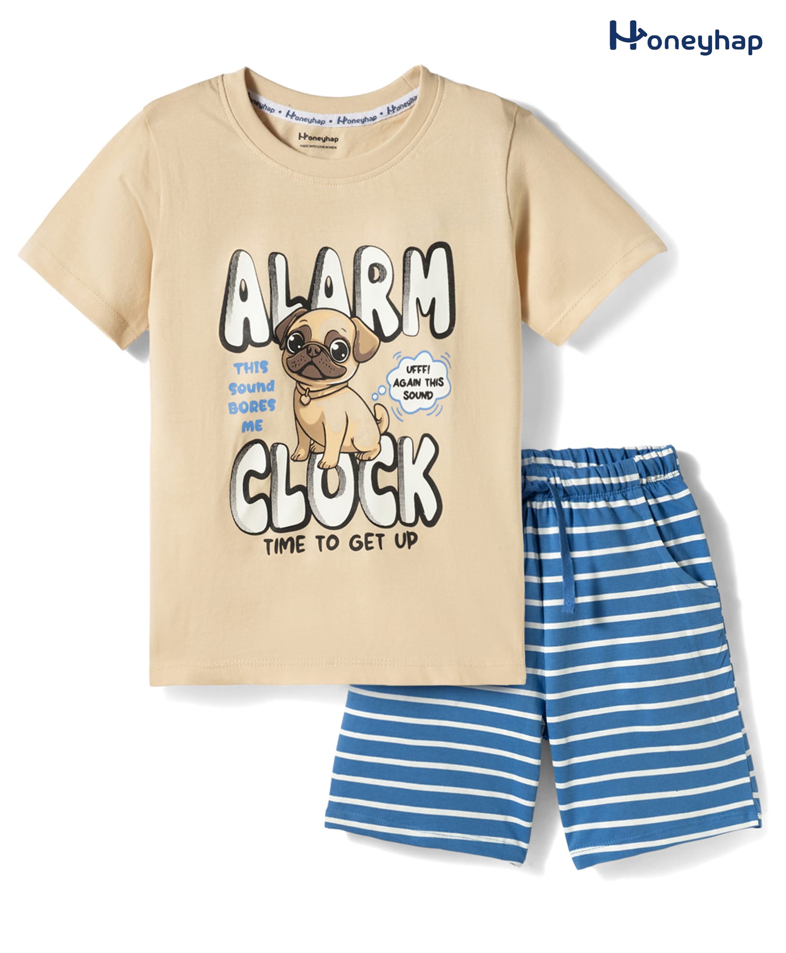 Honeyhap Premium 100% Cotton Knit With Bio Finish Half Sleeves T-Shirt & Shorts Night Suit With Dog Print - Macadamia & Riveara-picture-27