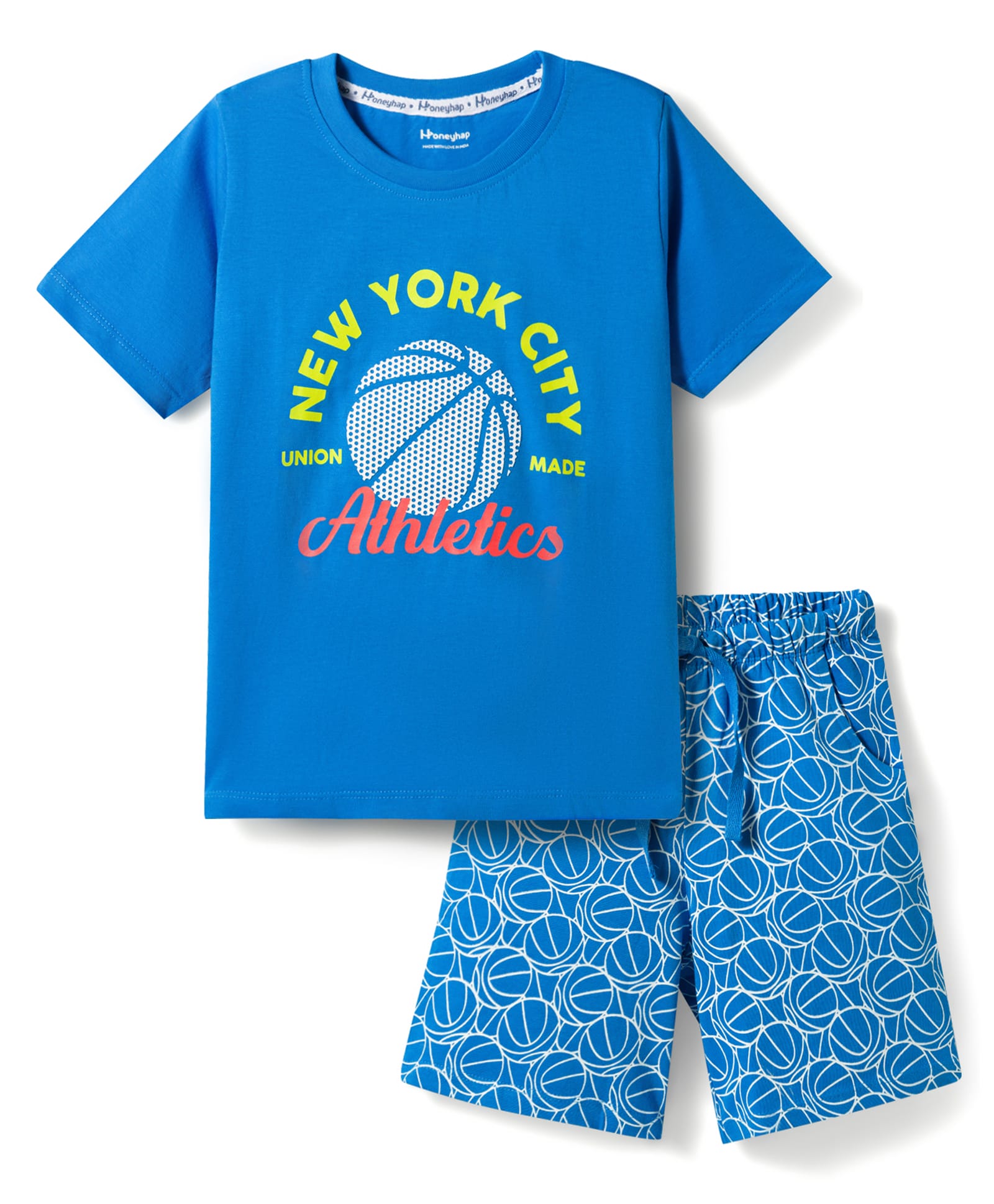 Honeyhap Premium 100% Cotton Knit Half Sleeves T-Shirt & Shorts Night Suit with Football Print - Blue-picture-23