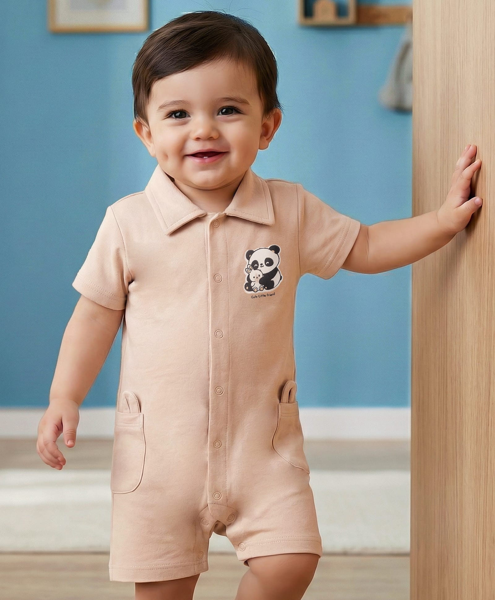 Babyoye Preemie 100% Cotton Knit Half Sleeves Panda Printed Front Open Romper - Beige