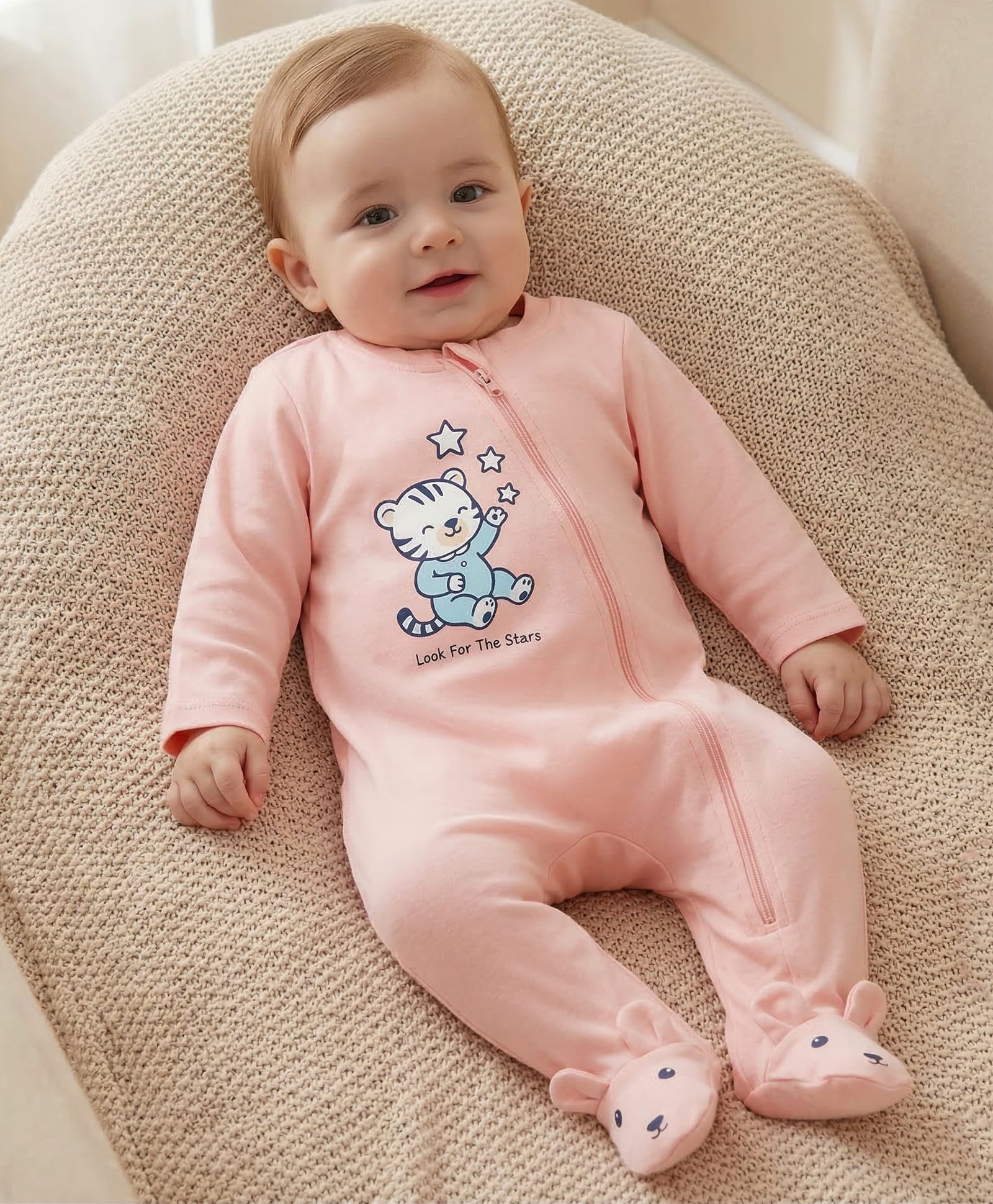 Babyoye 100% Cotton Knit Full Sleeves Sleep Suit with Tiger Print & Applique - Light Pink-image-24