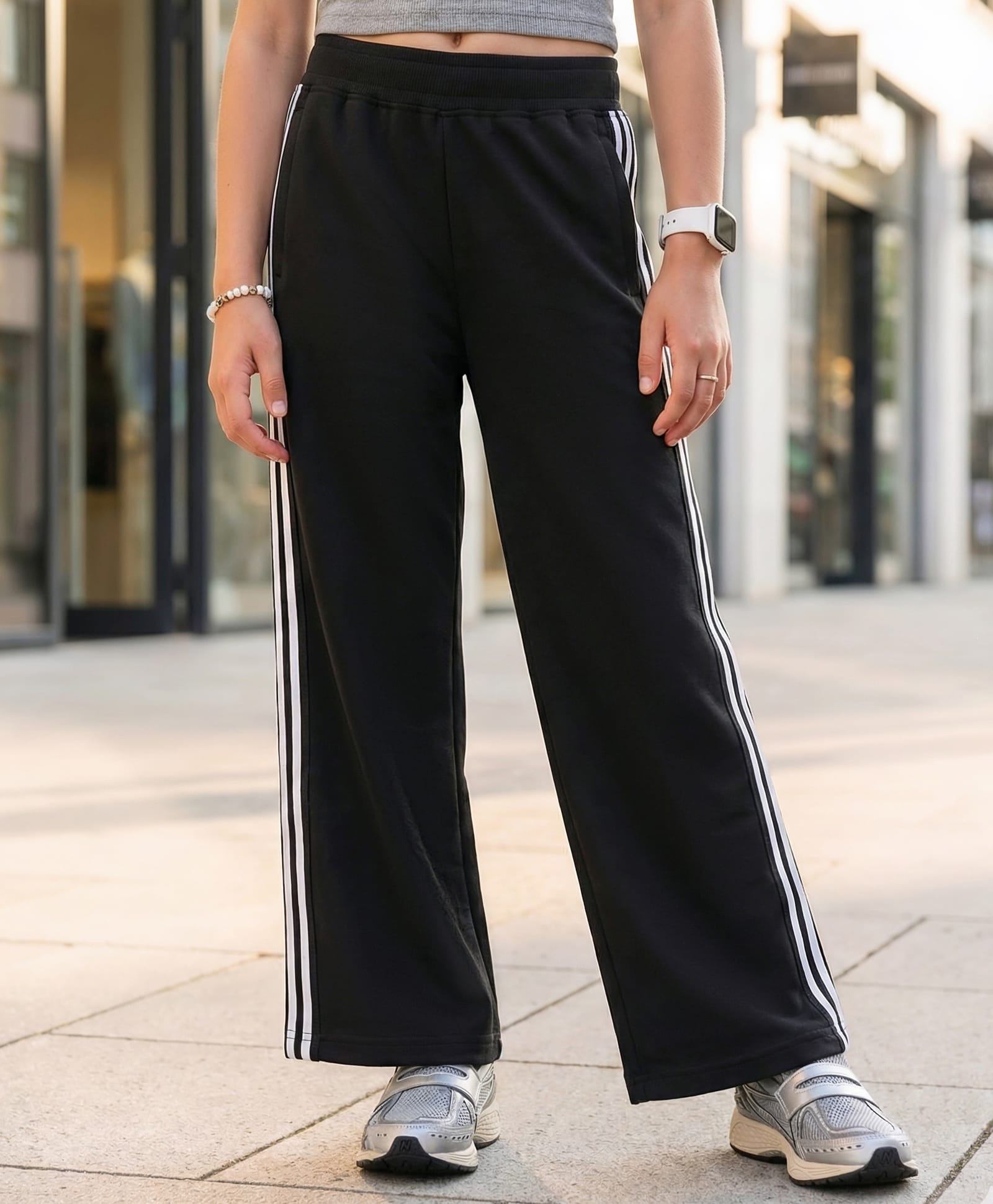 Pine Kids Knit Full Length Track Pant with Striped Design - Black