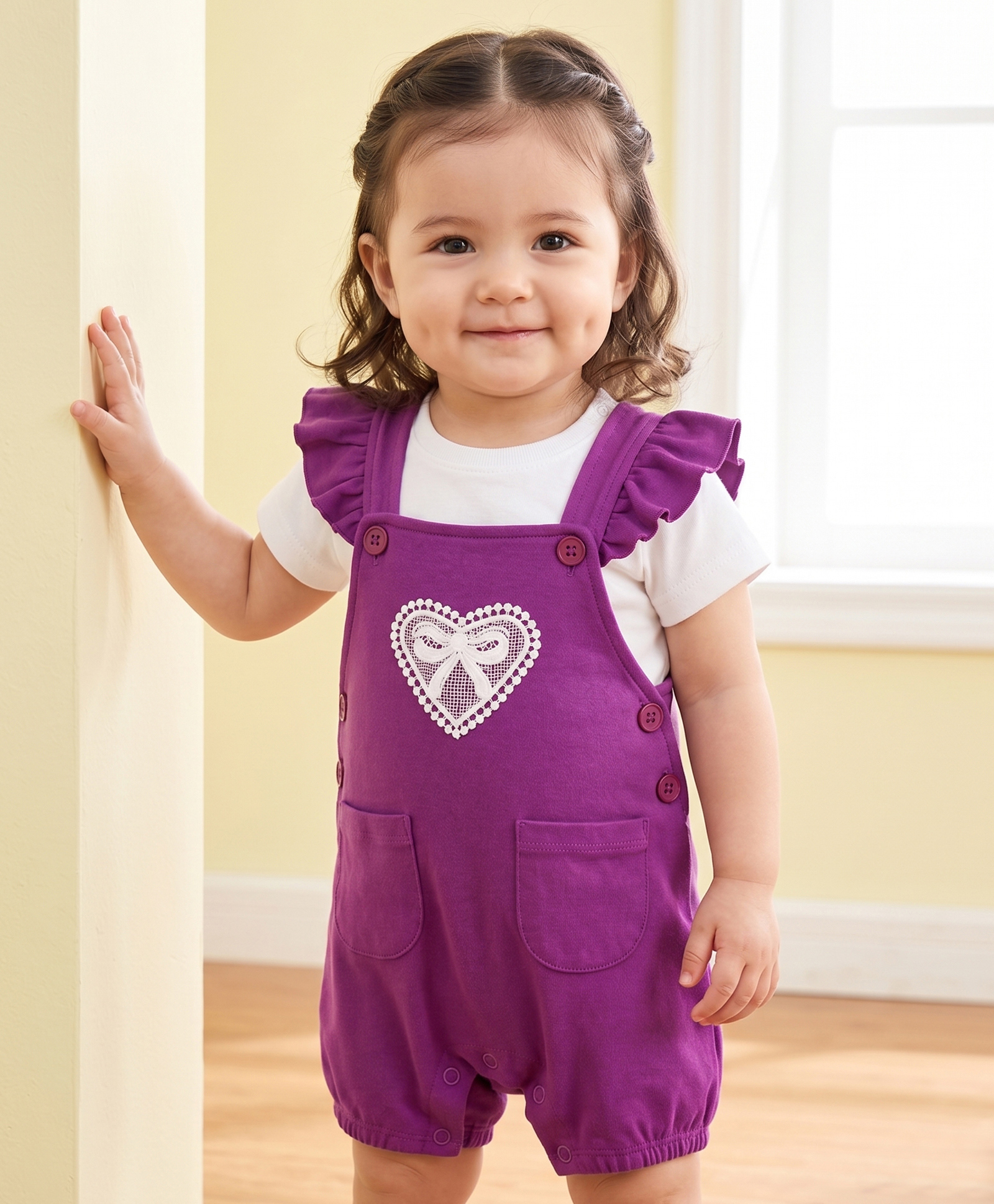 Babyoye Interlock Knit Eco Conscious Half Sleeves Dungaree & T-Shirt With Heart Embroidery & Text Print - Purple-image-10
