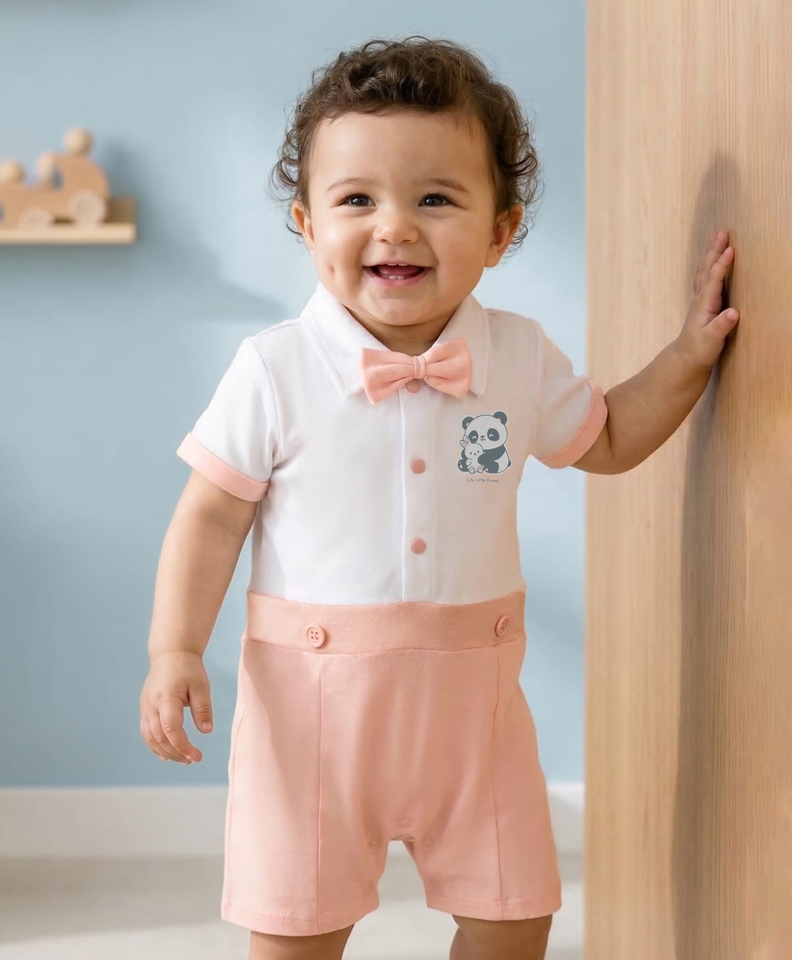 Babyoye 100% Cotton Interlock Knit Half Sleeves Romper With Panda Print & Bow Applique - Peach-picture-18