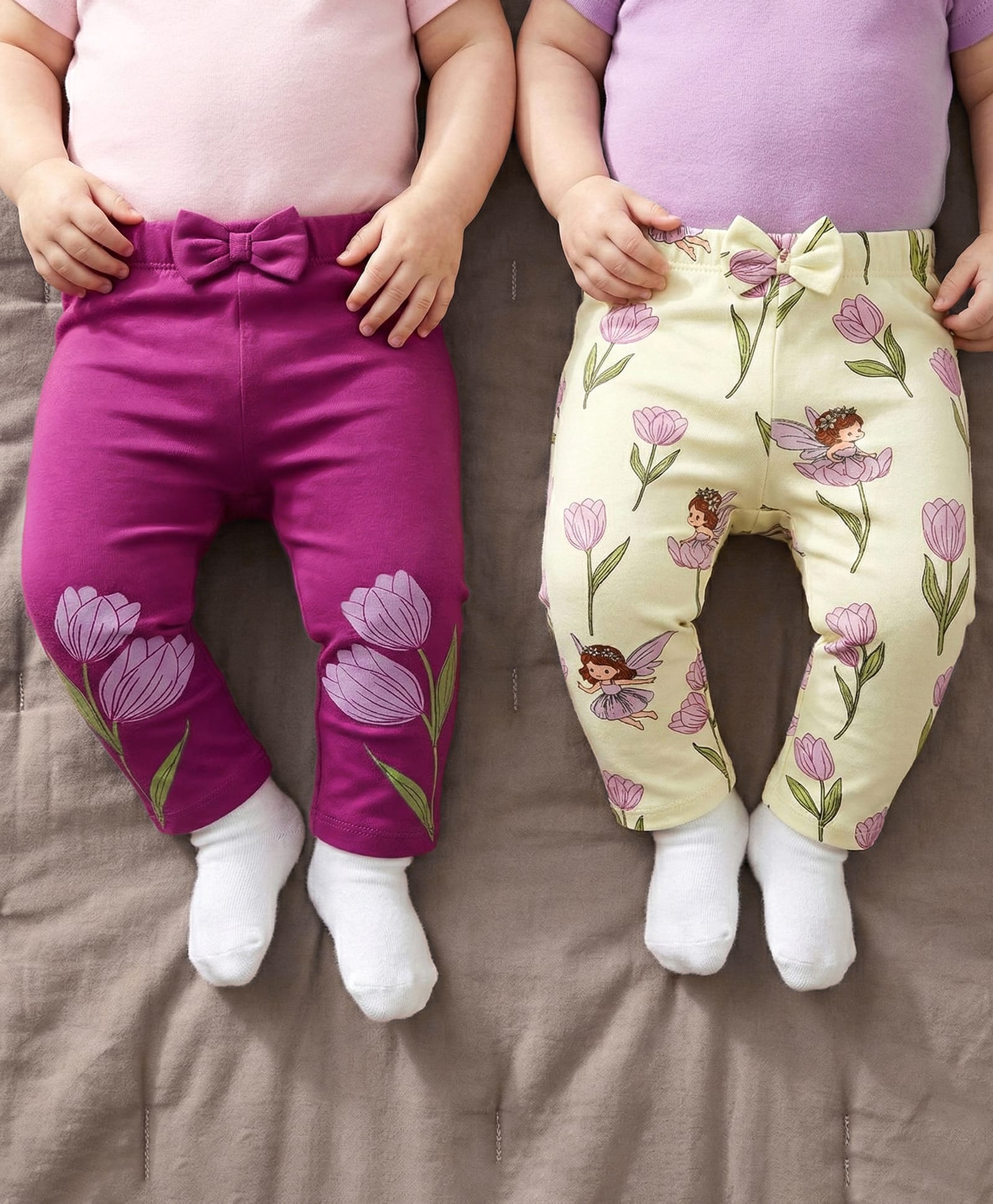 Babyoye Eco Conscious 100% Cotton Knit Full Length Floral Printed Leggings With Eco Jiva Finish Pack Of 2 - Light Yellow & Purple-picture-18