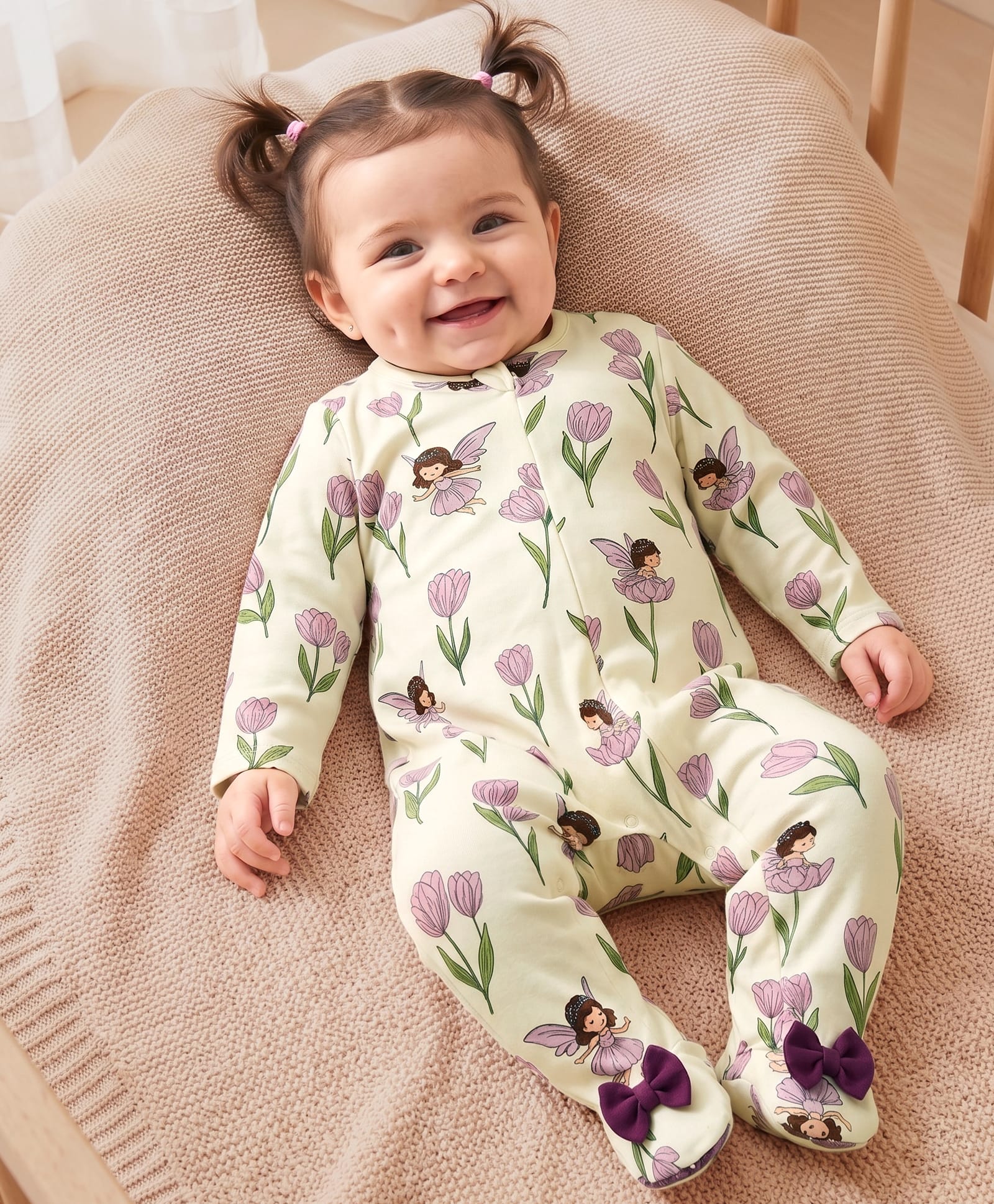Babyoye 100% Cotton Knit Eco Conscious Full Sleeves Footed Sleepsuit With Eco Jiva Finish Fairy & Floral Print - Yellow-image-32