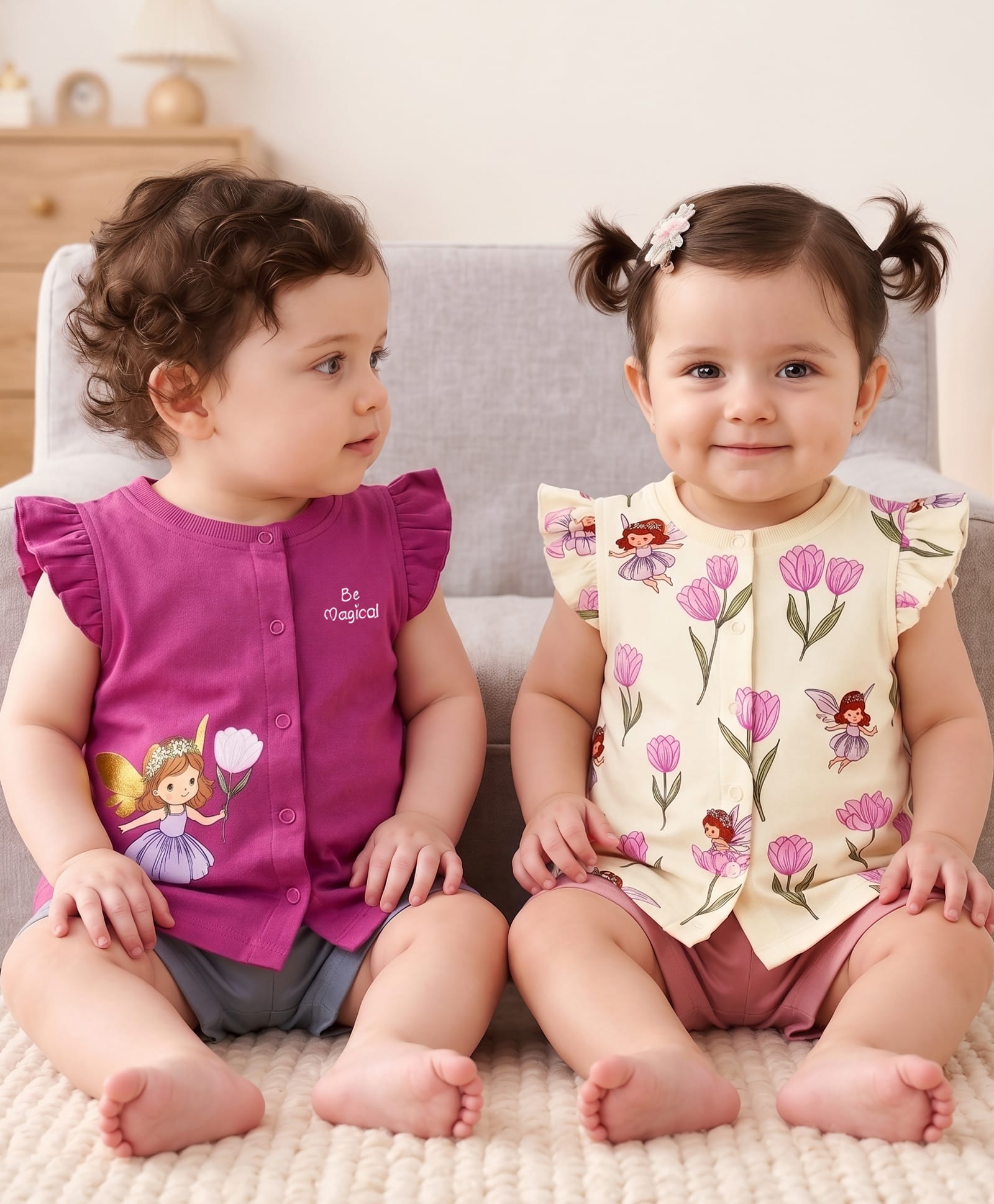 Babyoye Eco Conscious 100% Cotton Knit With Eco Jiva Finish Half Sleeves Jhablas With Floral & Fairy Print Pack of 2 - Purple & Yellow-image-29