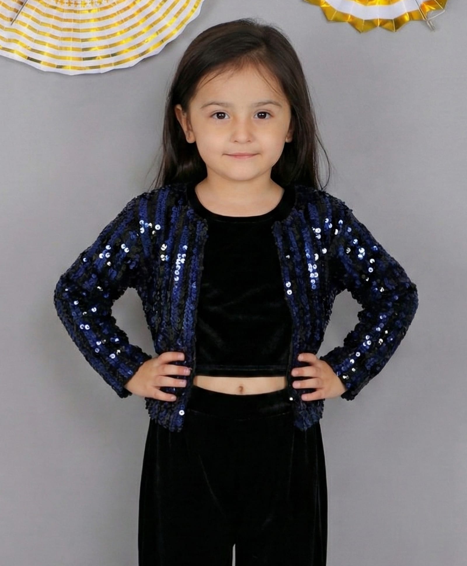 Lil' Drama Velvet Knit Full Sleeves Sequins Embellished Jacket - Navy Blue-picture-41
