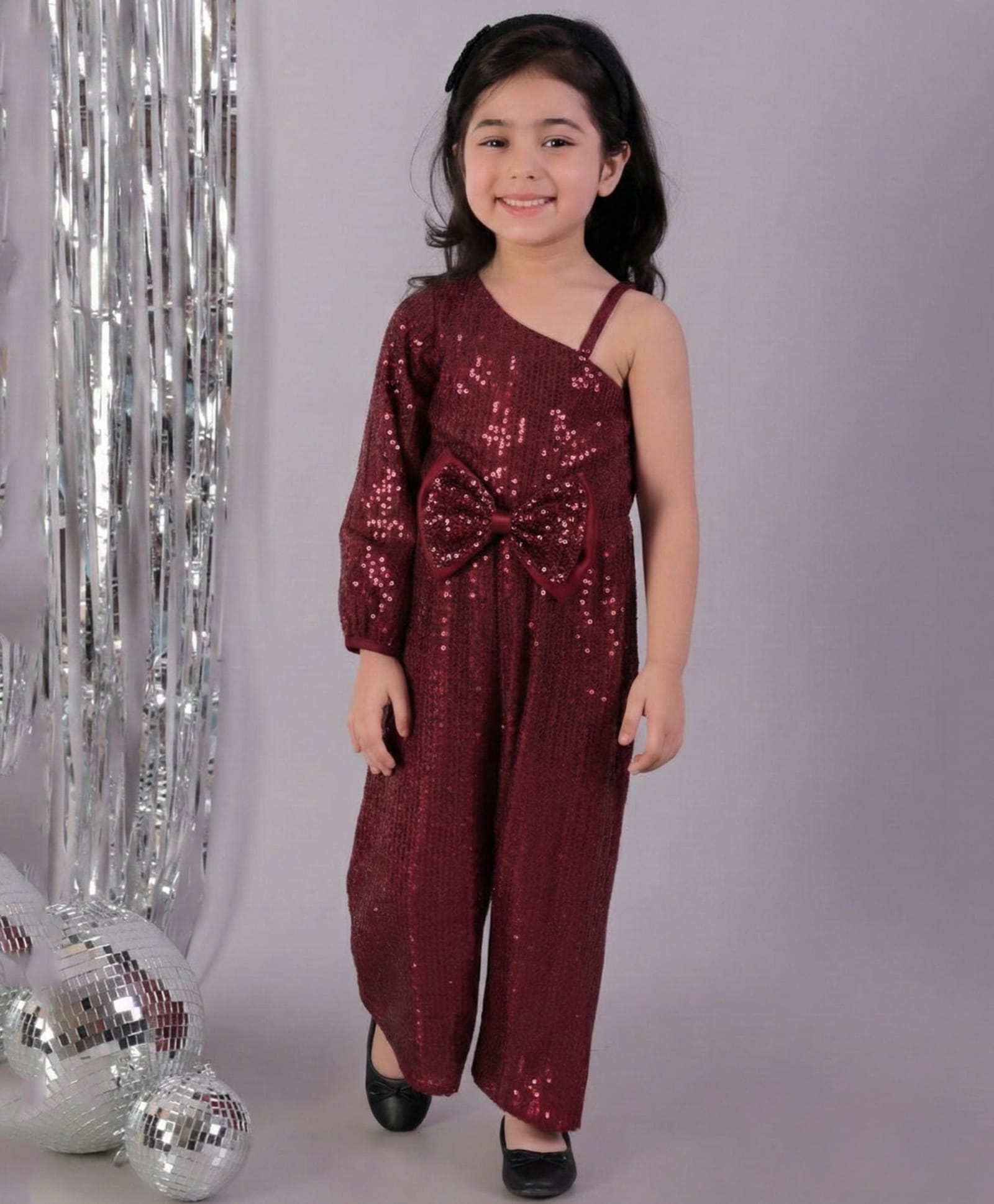 Lil' Drama Knit Off Shoulder Full Sleeves Sequins Embellished Bow Applique Detailed Jumpsuit - Maroon-picture-19
