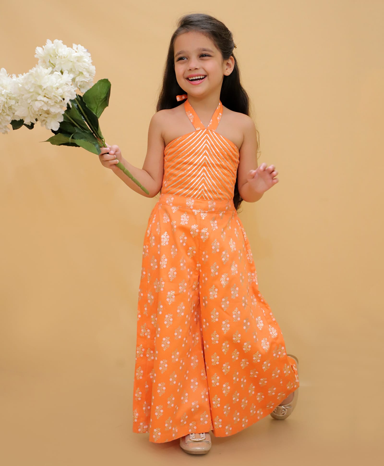 Lil' Drama Cotton Knit Sleeveless Abstract Foil Printed Jumpsuit - Orange-picture-16