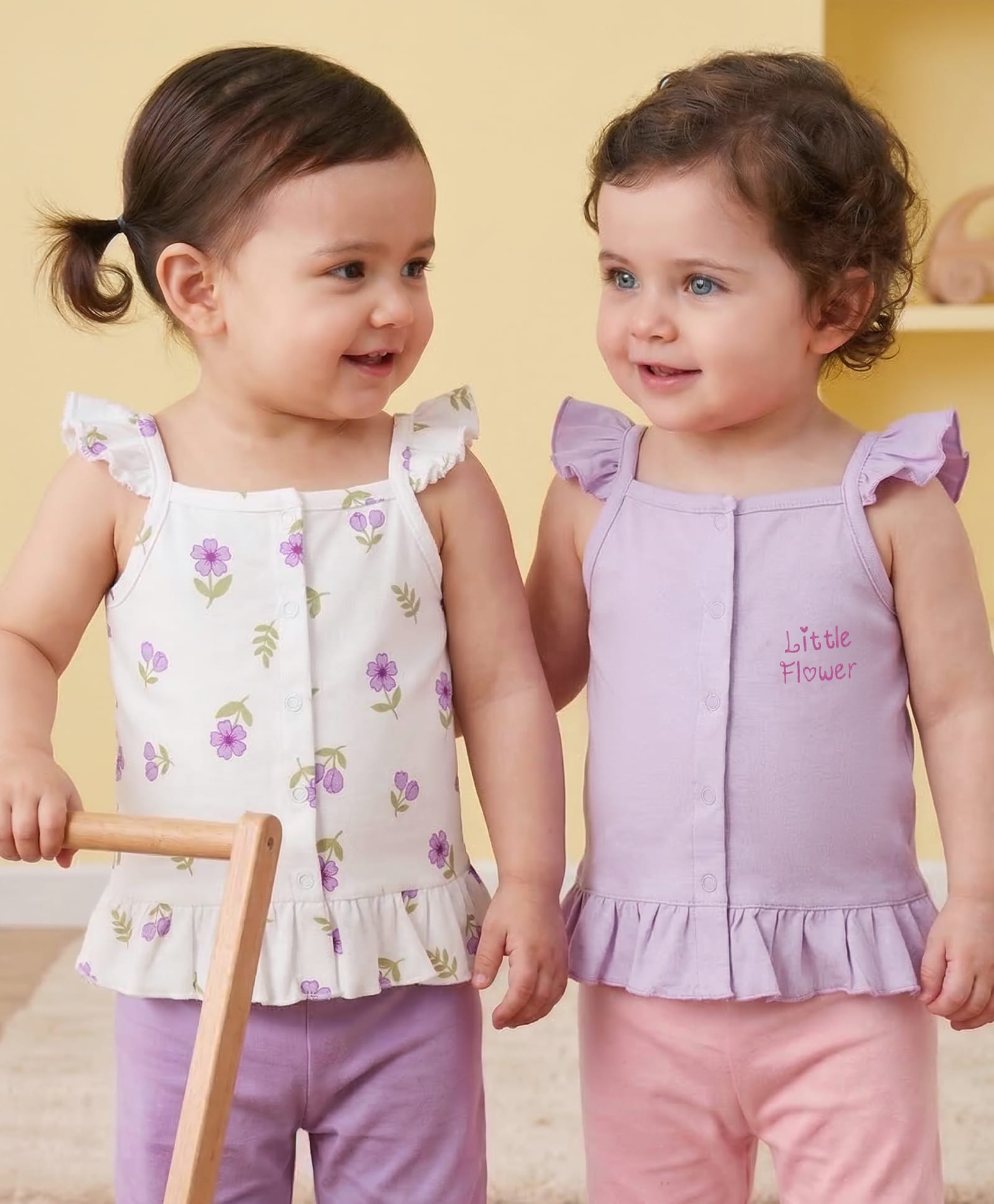 Babyoye 100% Cotton Interlock Knit Eco Conscious Frill Sleeves Jhablas With Eco Jiva Finish & Floral Print Pack of 2 - White & Lilac-picture-23