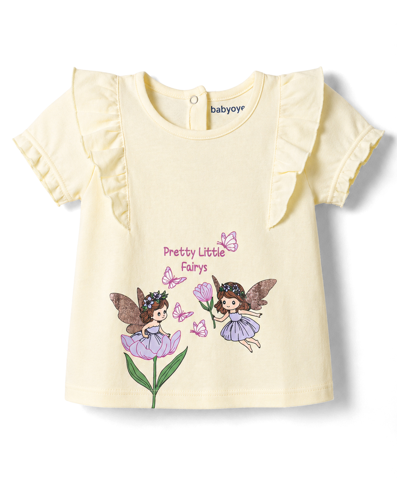 Babyoye 100% Cotton Knit With Eco Jiva Finish Half Sleeves Butterfly Floral & Fairy Printed Top - Yellow-image-31