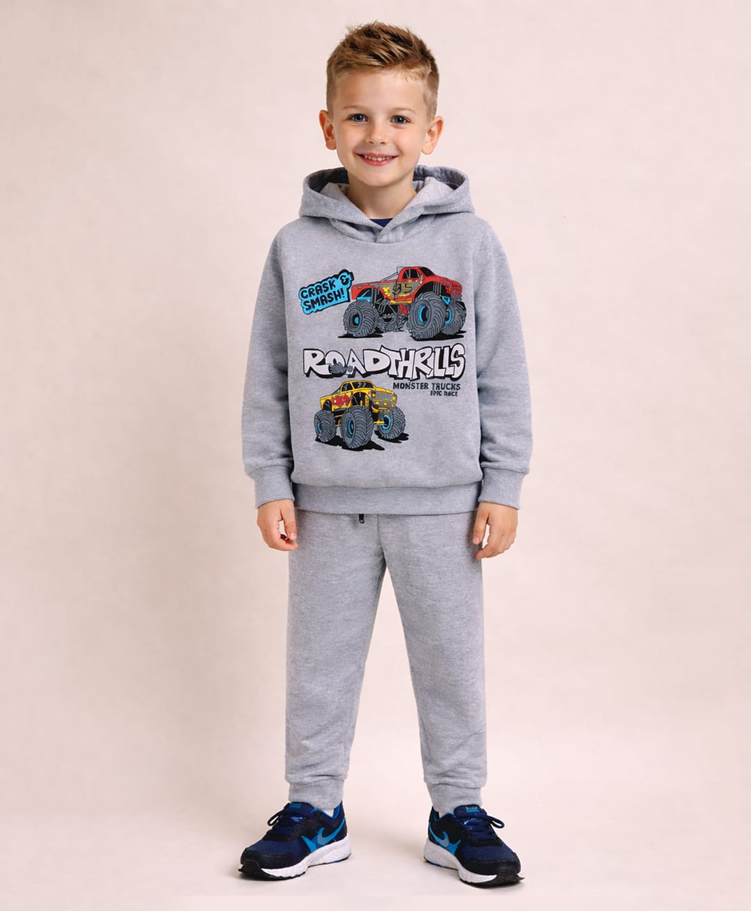 Little Marine Fleece Knit Full Sleeves Monster Truck & Typography Printed Winter Hooded Sweatshirt & Pants Set - Grey-picture-23